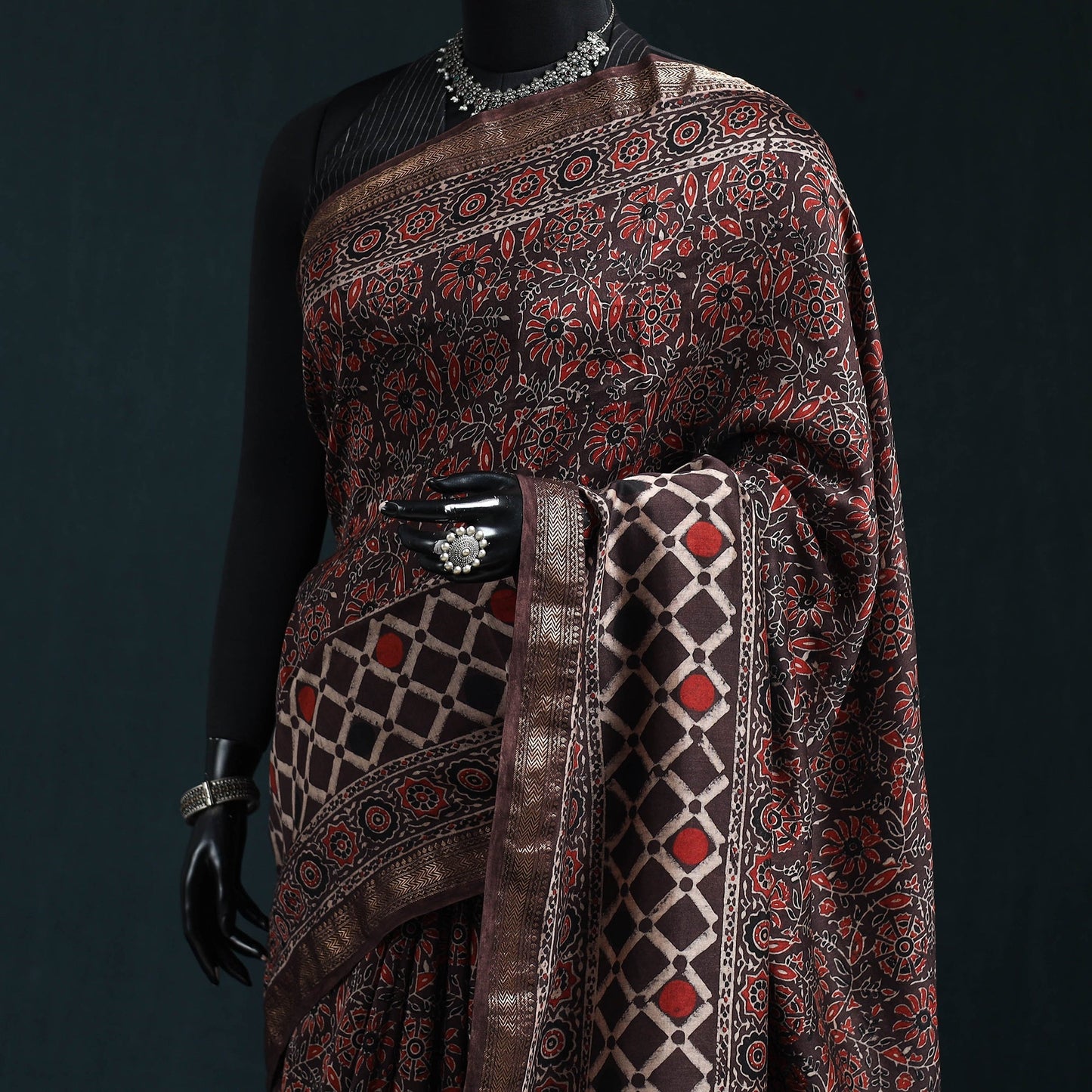 Hand block print natural dyed maheshwari silk ajrakh saree