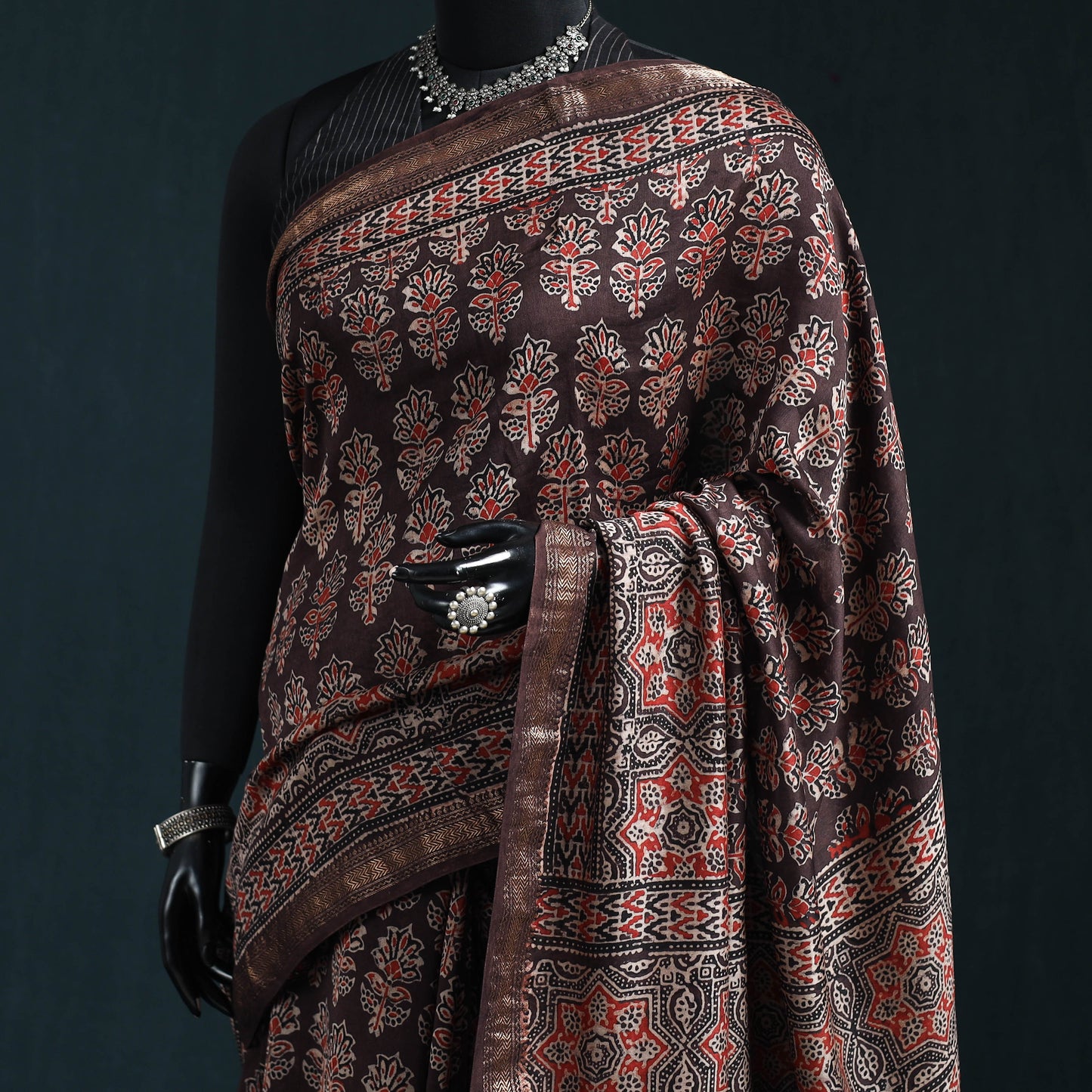 Hand block print natural dyed maheshwari silk ajrakh saree