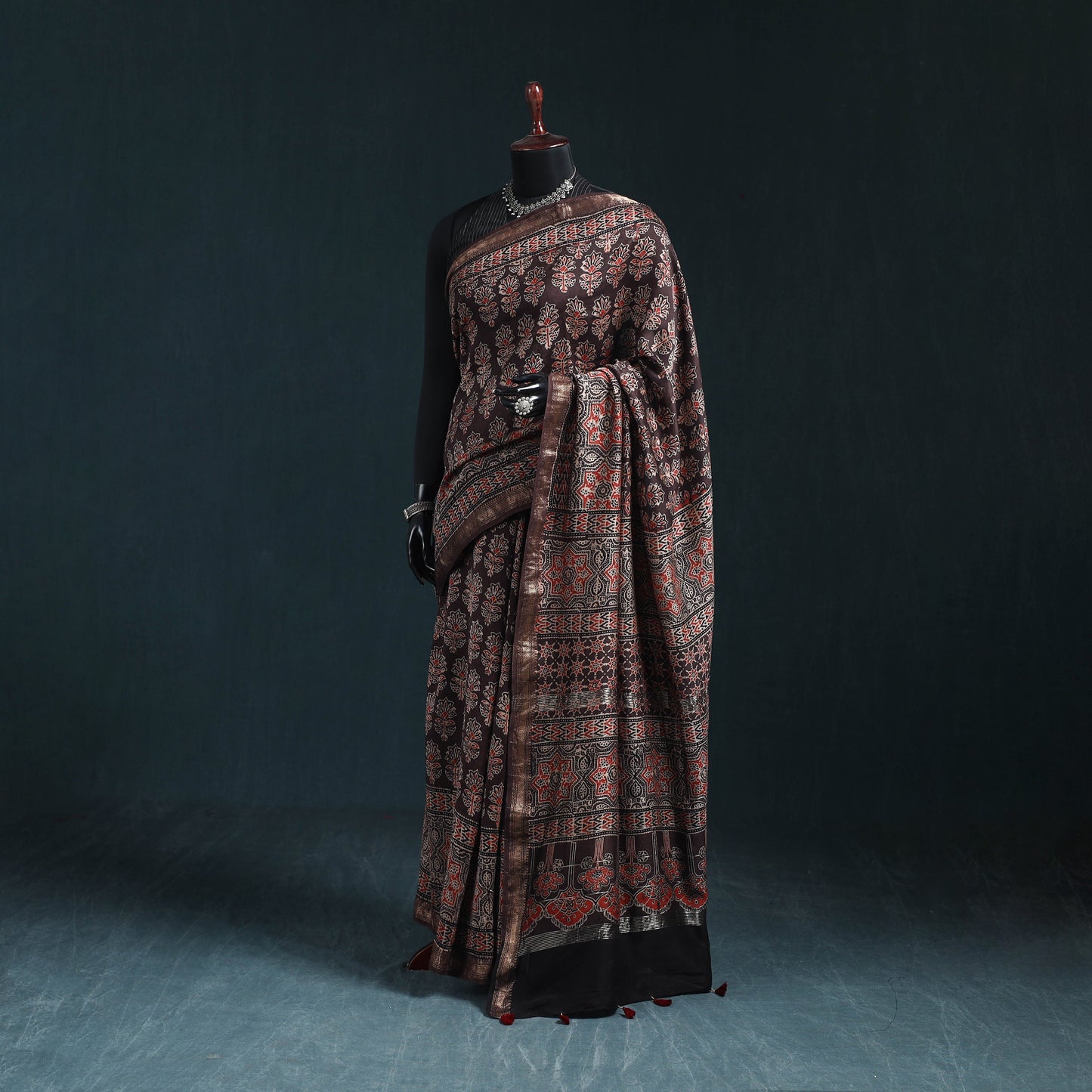 Hand block print natural dyed maheshwari silk ajrakh saree