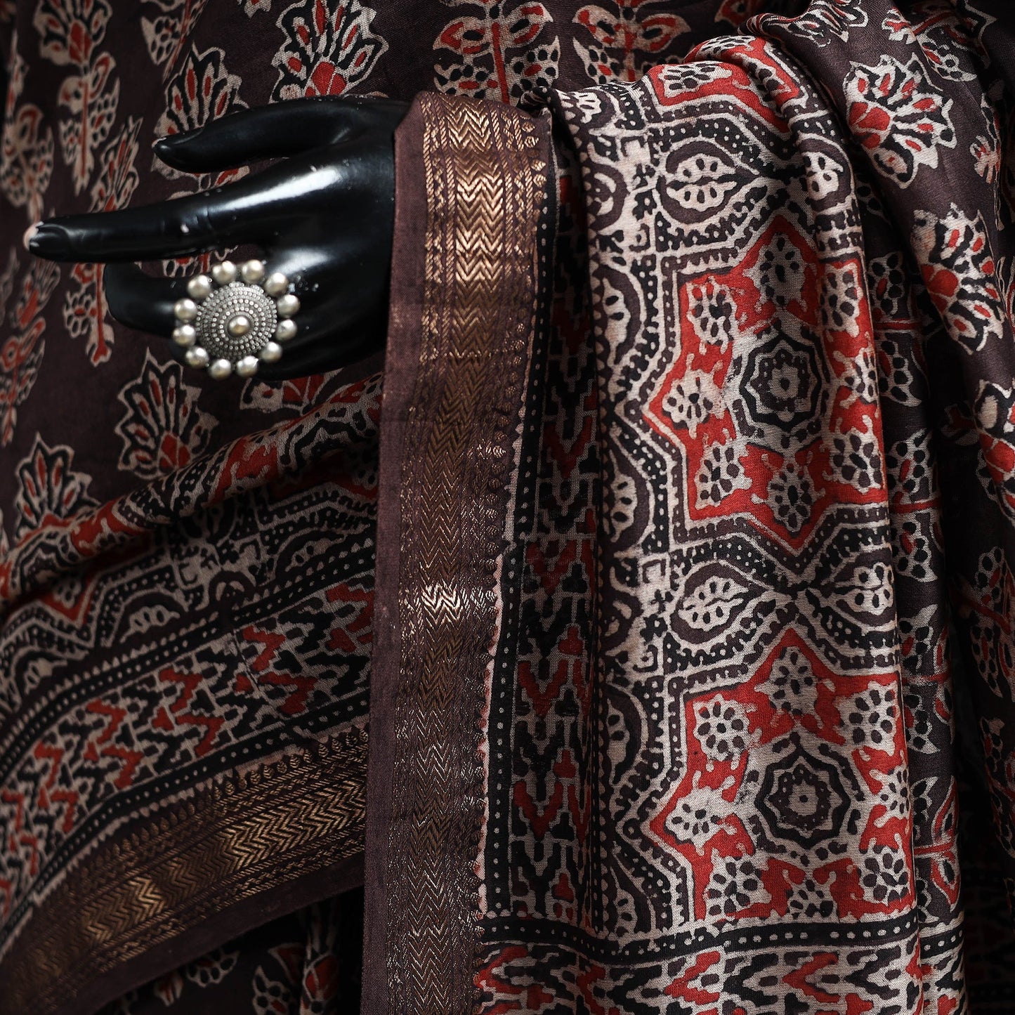 Hand block print natural dyed maheshwari silk ajrakh saree