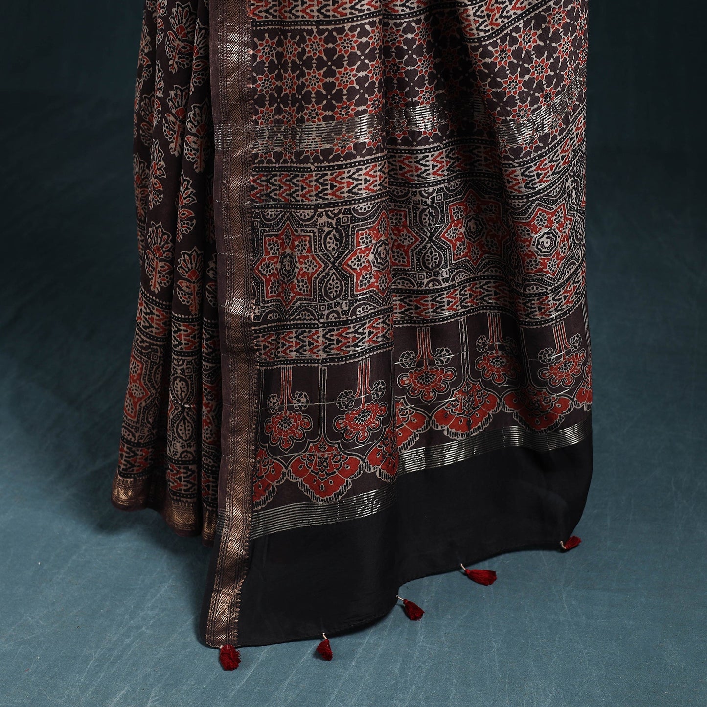Hand block print natural dyed maheshwari silk ajrakh saree