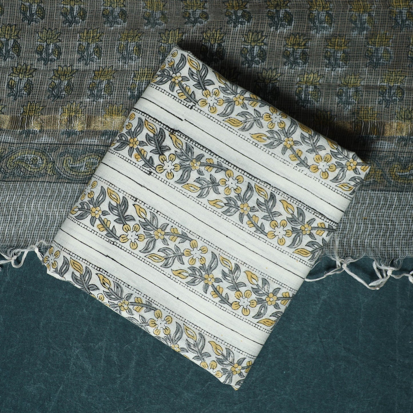Hand block print sanganeri cotton 3pc unstitched dress