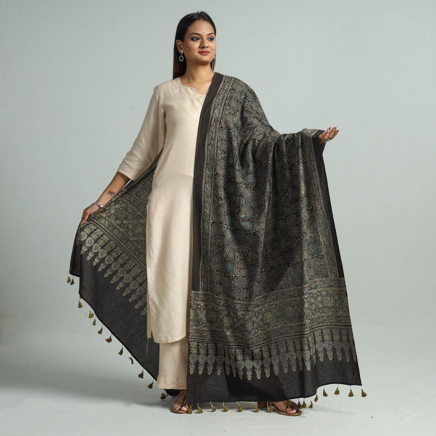 Buy Hand Block Printed Cotton Ajrakh Dupatta