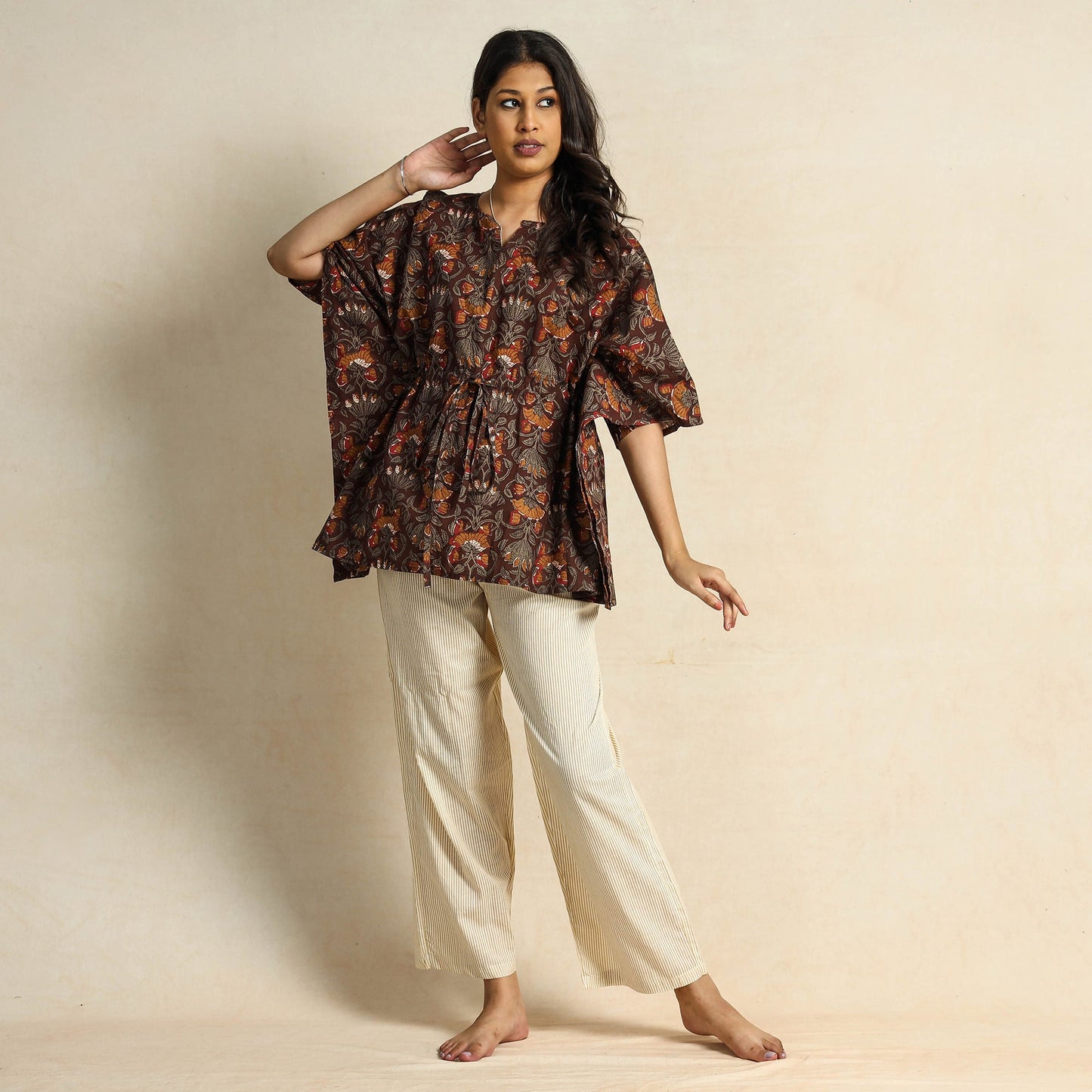 Hand Block Printed Cotton Kaftan & Pyjama Night Suit Set