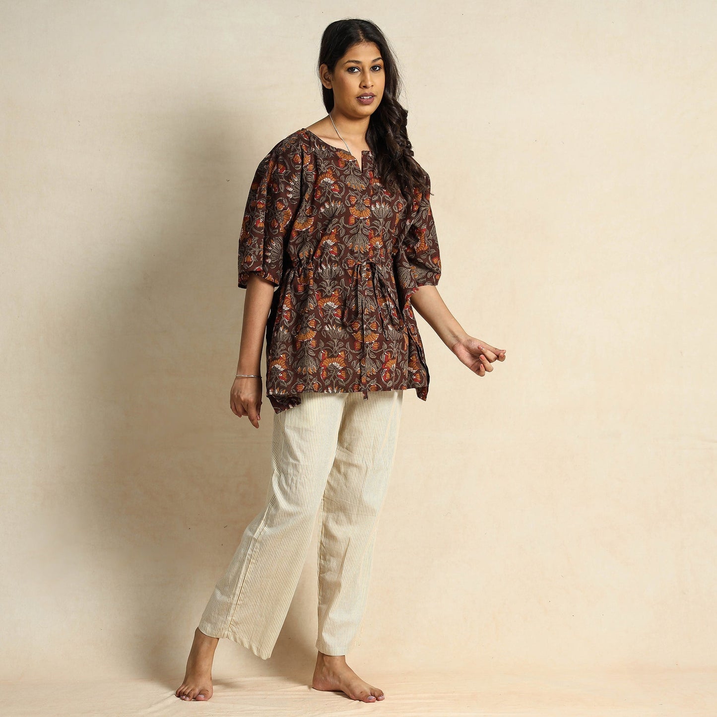 Hand Block Printed Cotton Kaftan & Pyjama Night Suit Set