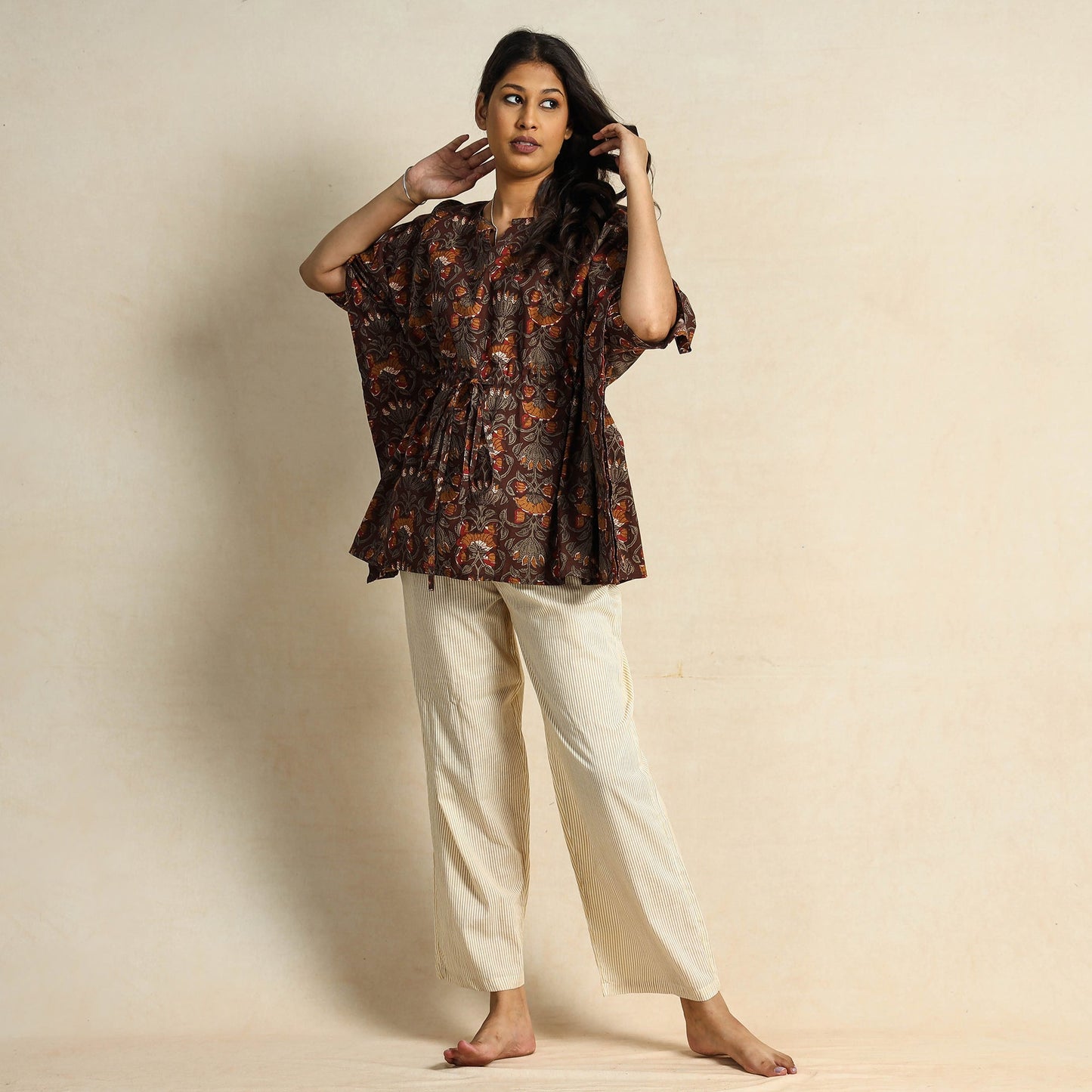 Hand Block Printed Cotton Kaftan & Pyjama Night Suit Set