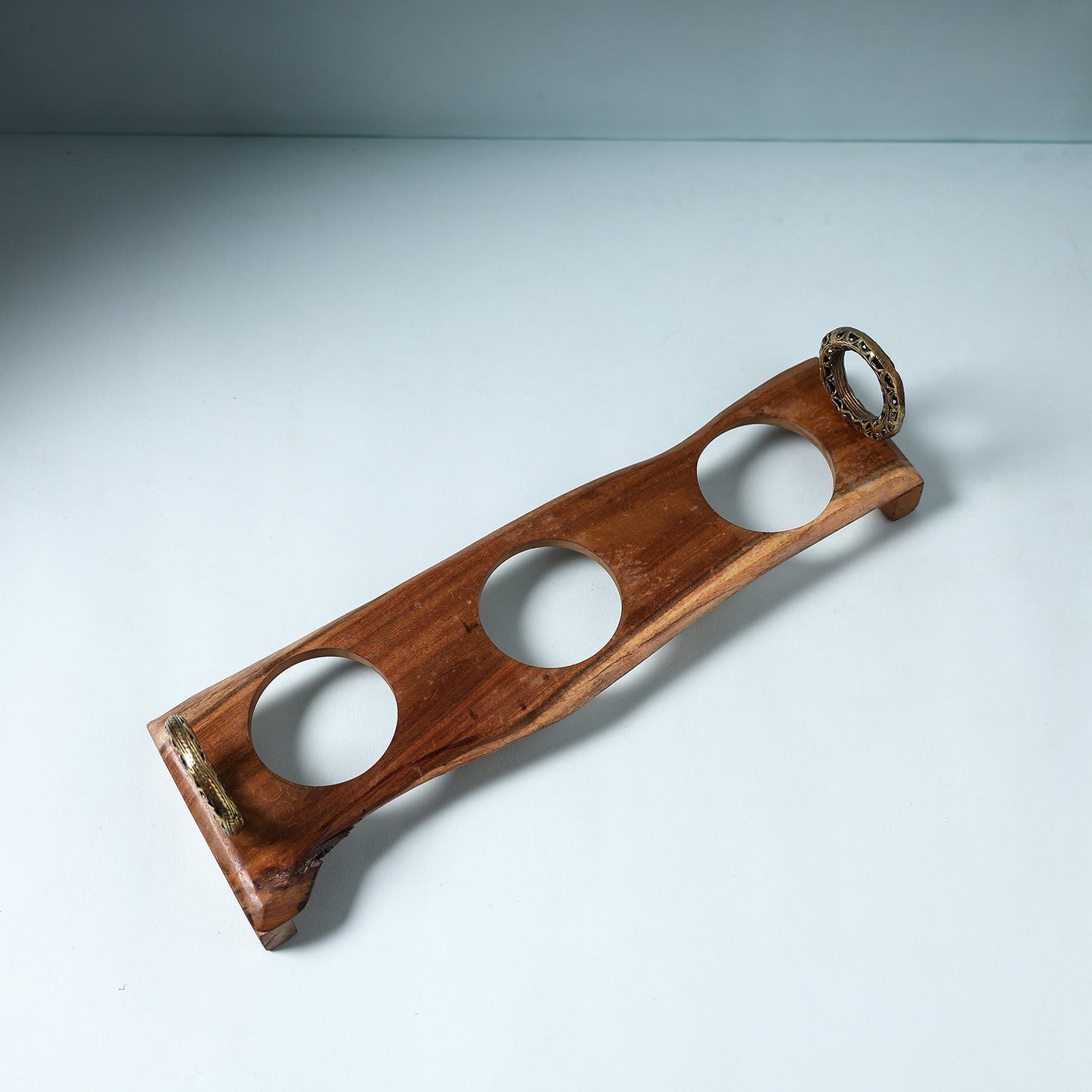 Handcarved Dokra Natural Mahogany Brown Wooden Glass Holder Tray