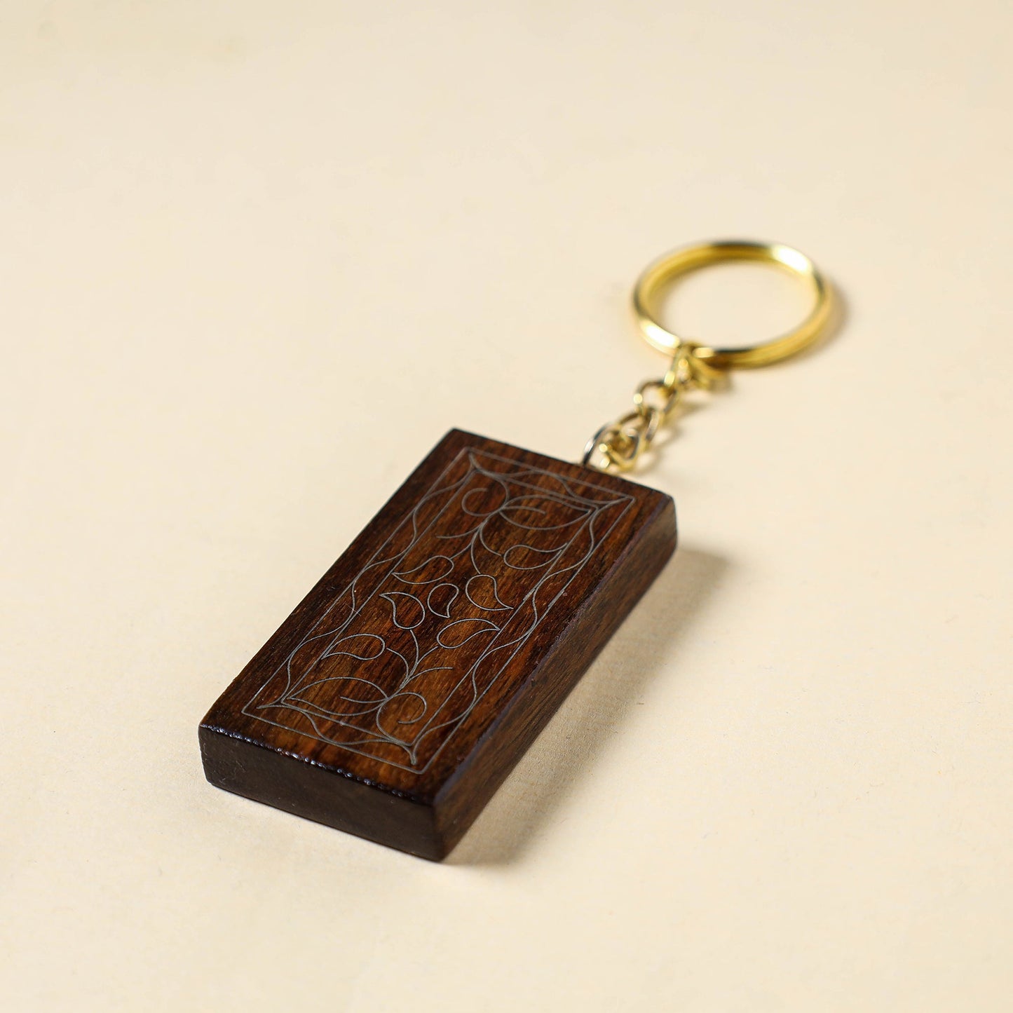 Brown Hand Carved Tarkashi Inlay Rosewood Keychain