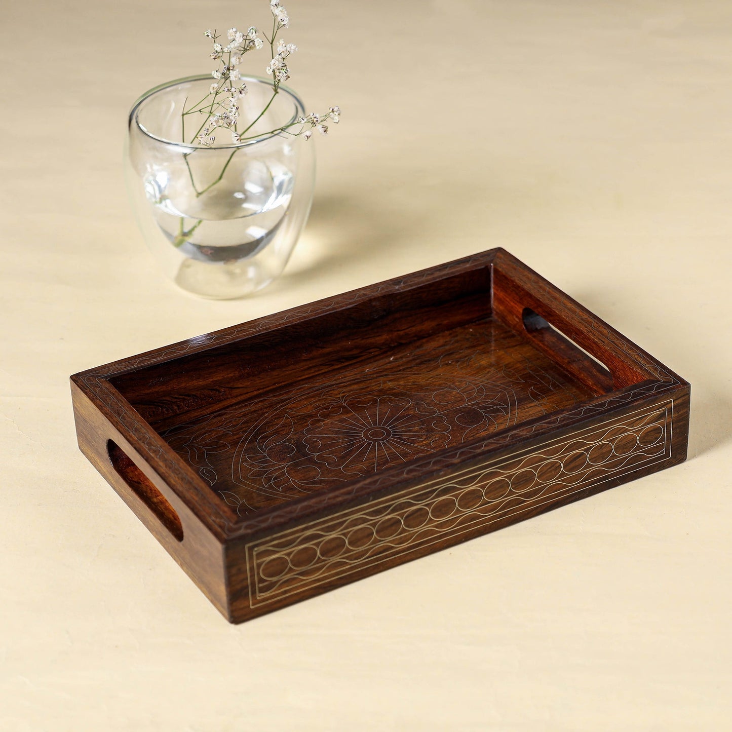 Brown Hand Carved Tarkashi Inlay Rosewood Tray