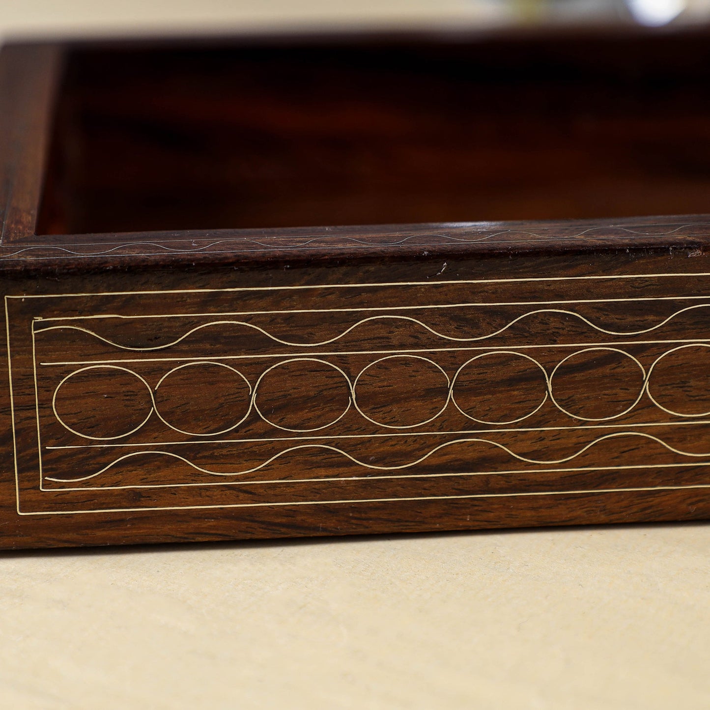 Brown Hand Carved Tarkashi Inlay Rosewood Tray