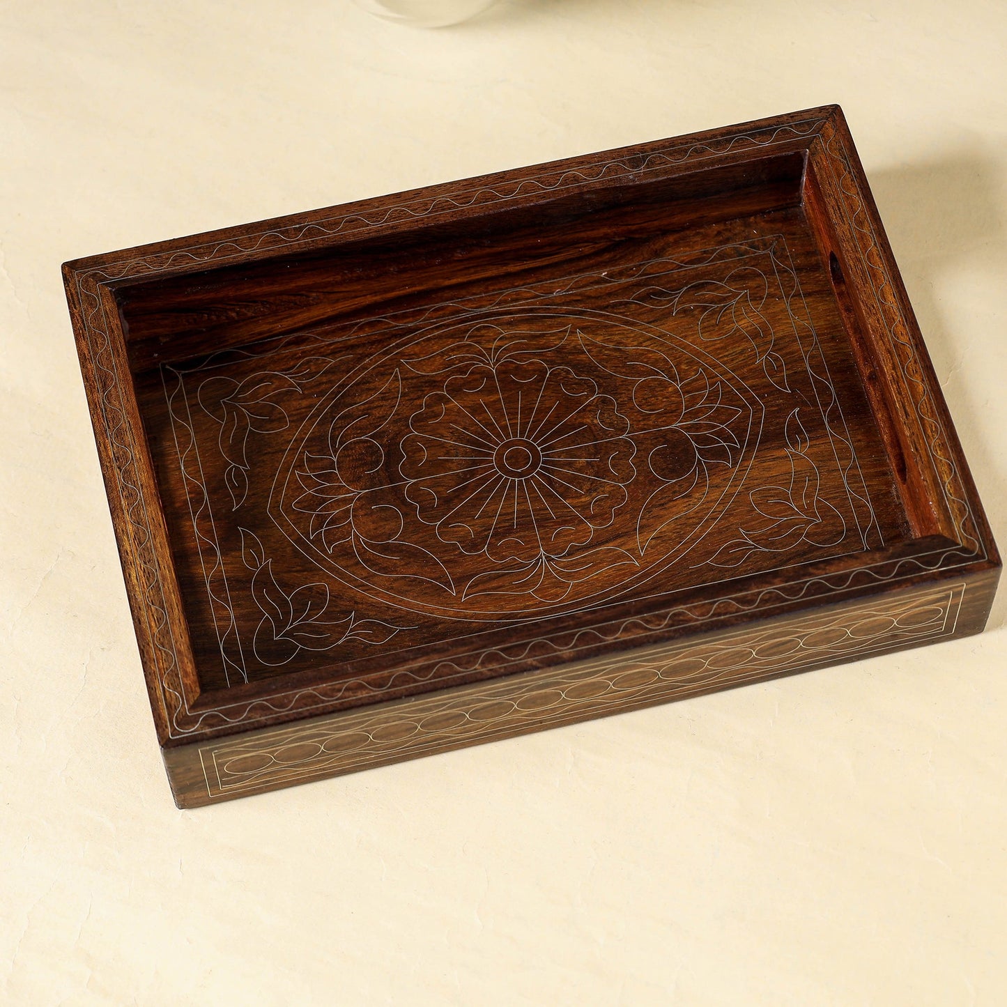 Brown Hand Carved Tarkashi Inlay Rosewood Tray