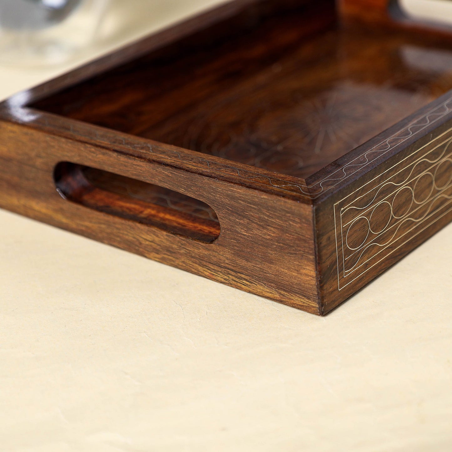 Brown Hand Carved Tarkashi Inlay Rosewood Tray