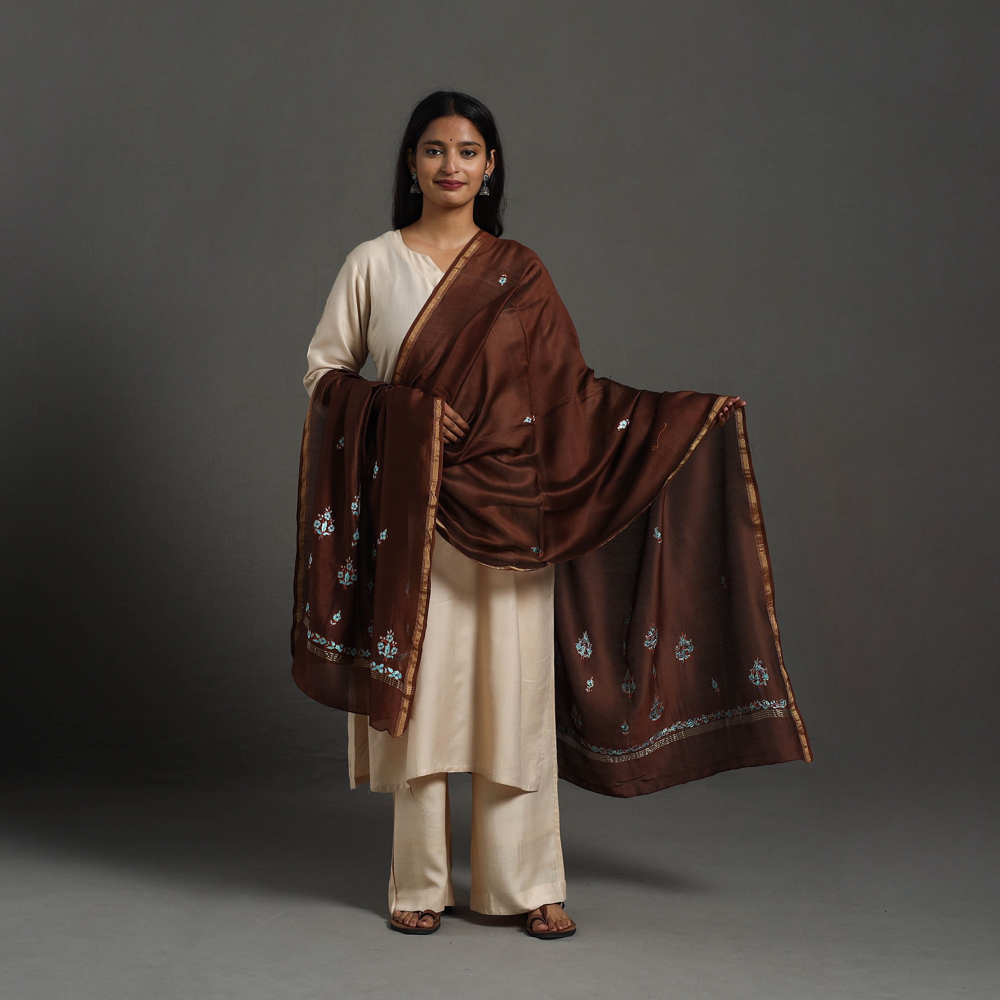 Brown - Handloom Chanderi Silk Kashida Embroidery Dupatta 17