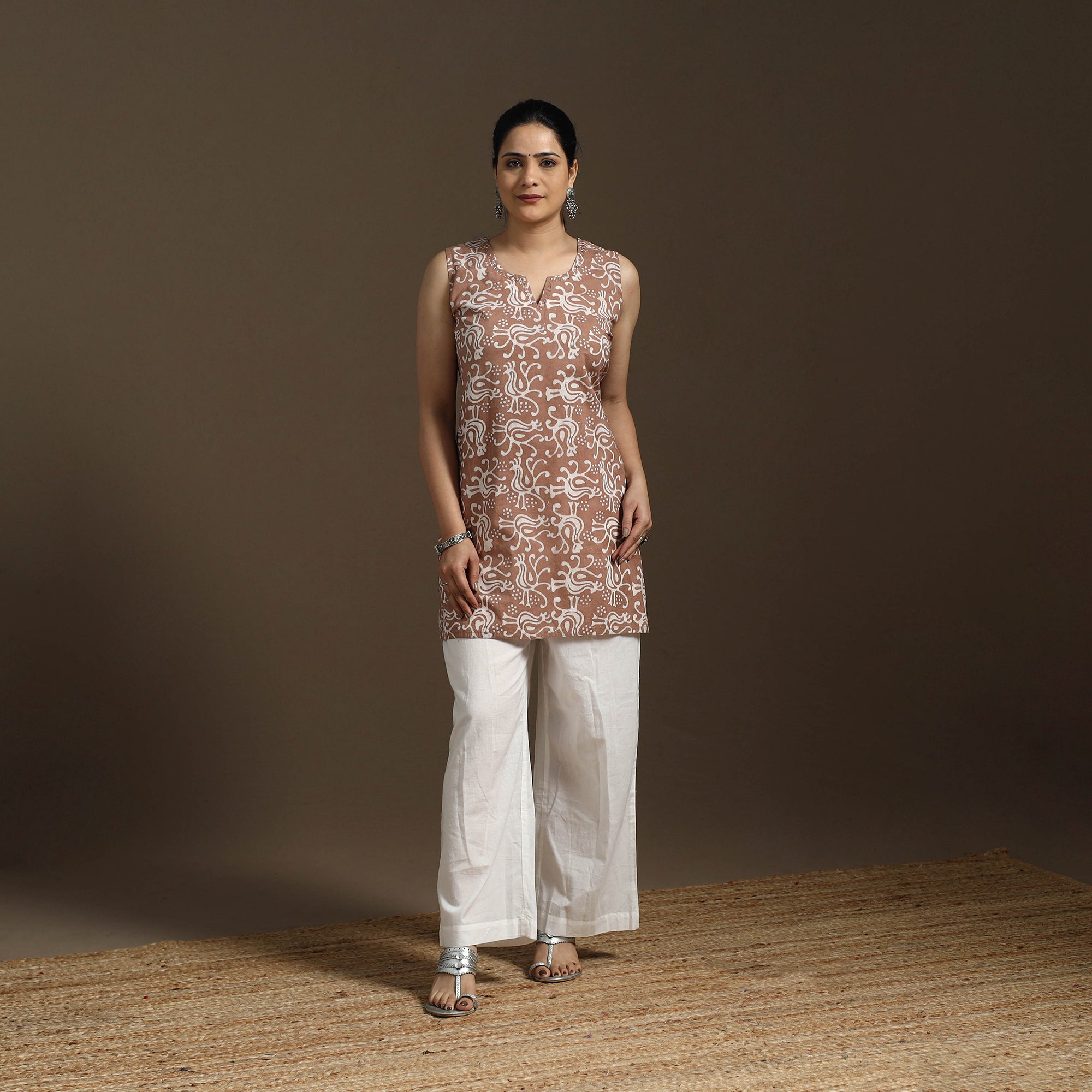 Brown - Hand Embroidery Cotton Batik Print Short Kurta for women 10