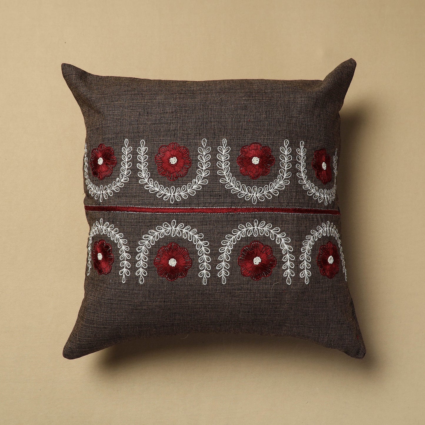 Hand Embroidery Plain Cotton Cushion Cover (16 x 16 in)