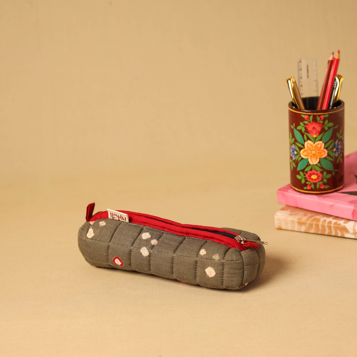 Brown - handcrafted cotton quilted pencil pouch 03