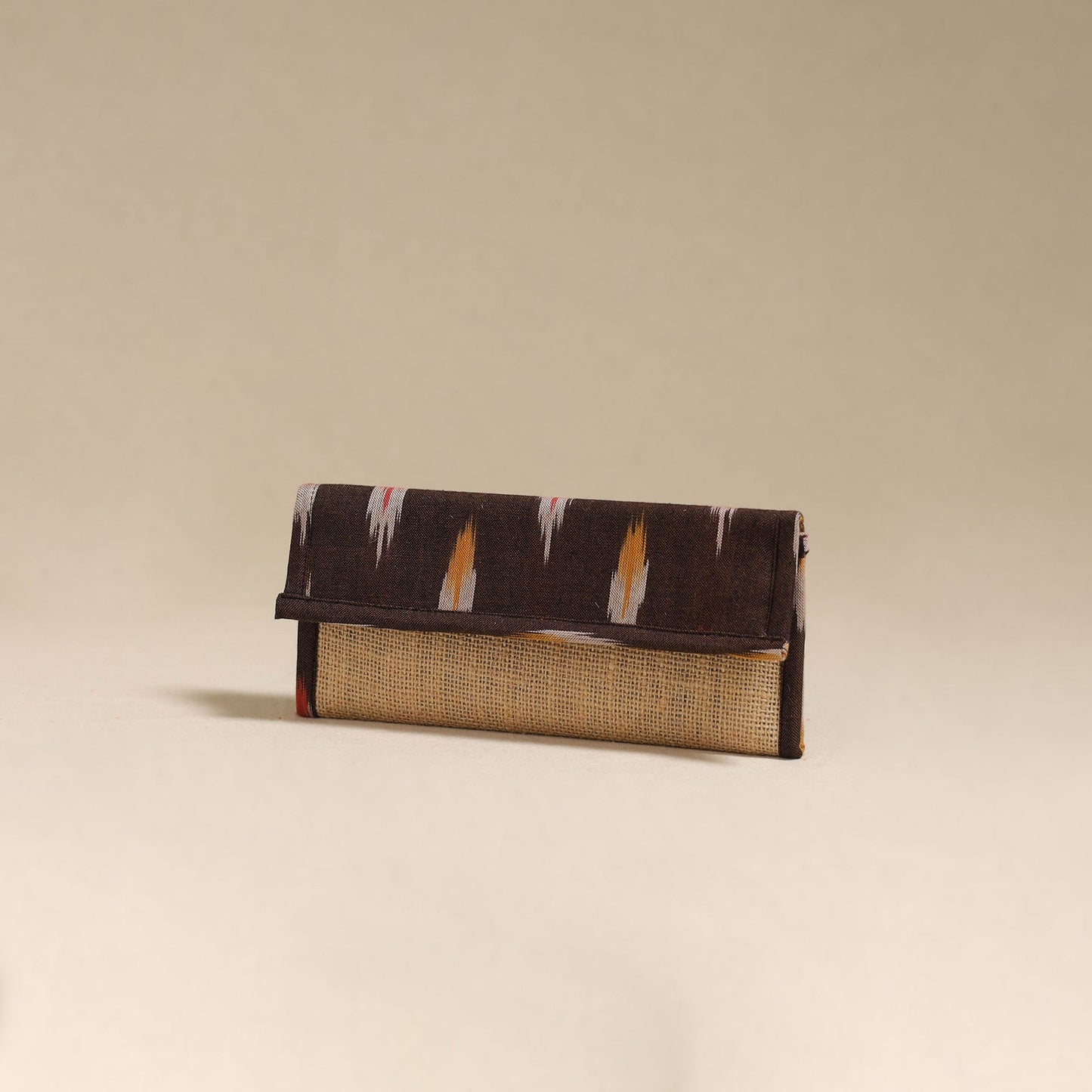 Brown - handcrafted ikat fabric jute clutch / wallet