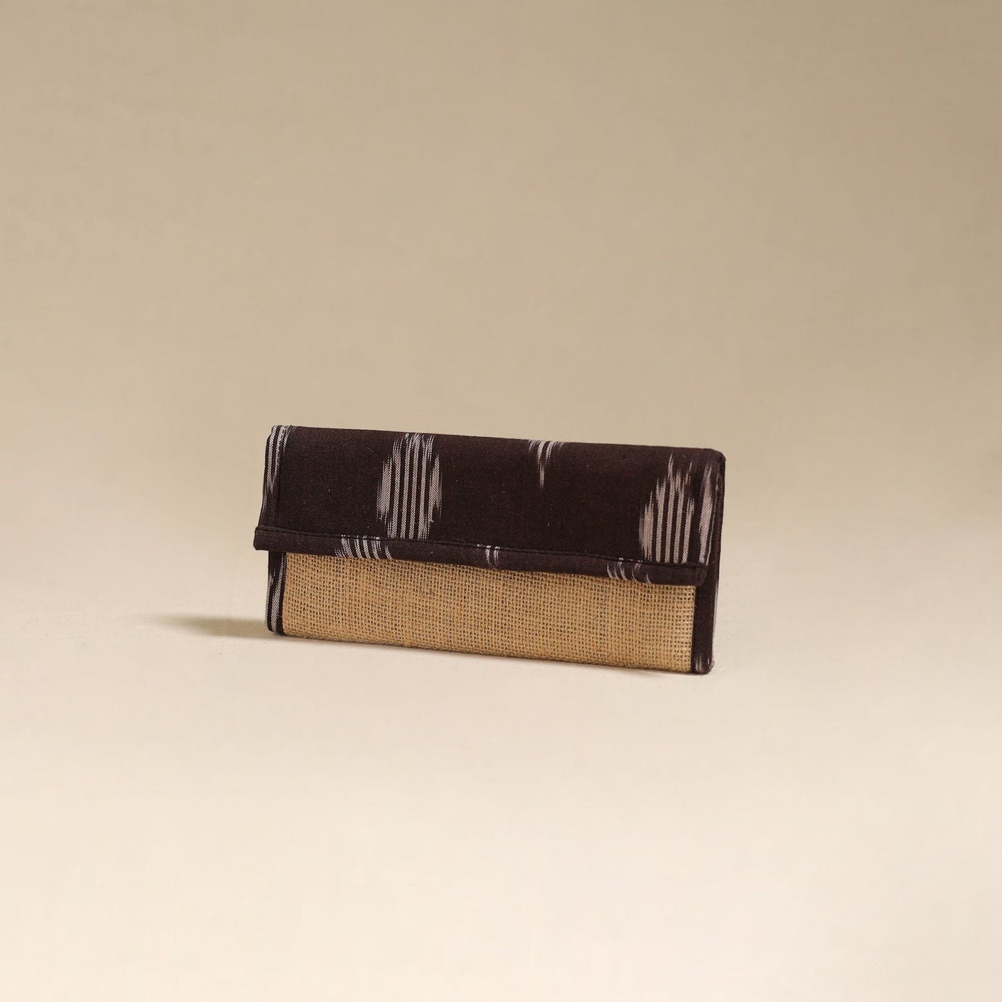 Brown - handcrafted ikat fabric jute clutch / wallet