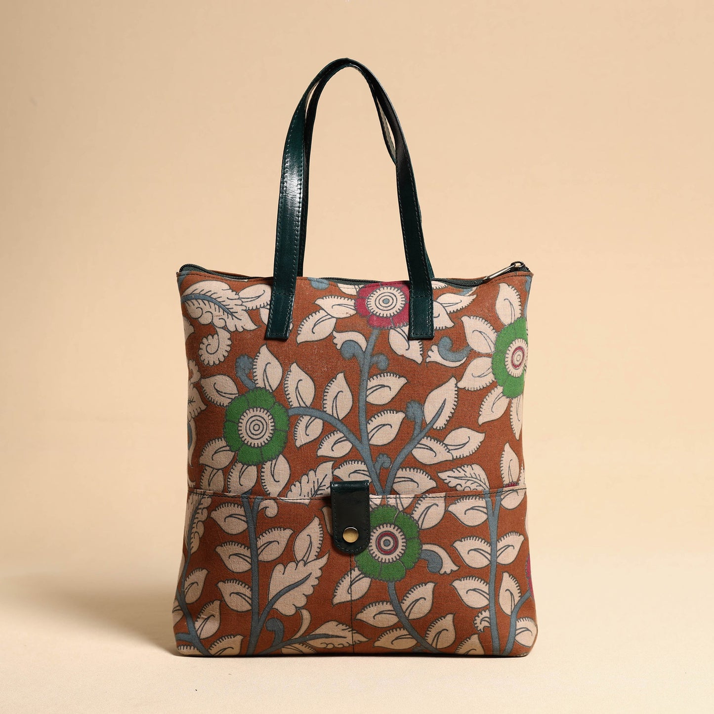 Brown Handcrafted Kalamkari Printed Hand Bag with Leather Handle