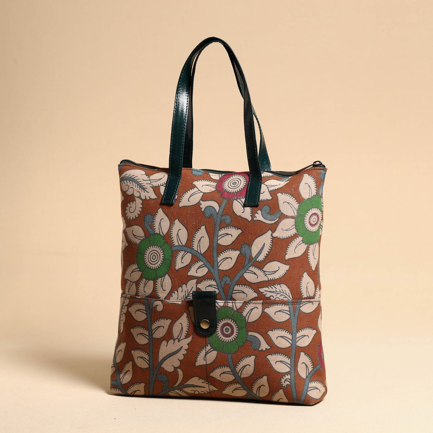 Brown Handcrafted Kalamkari Printed Hand Bag with Leather Handle