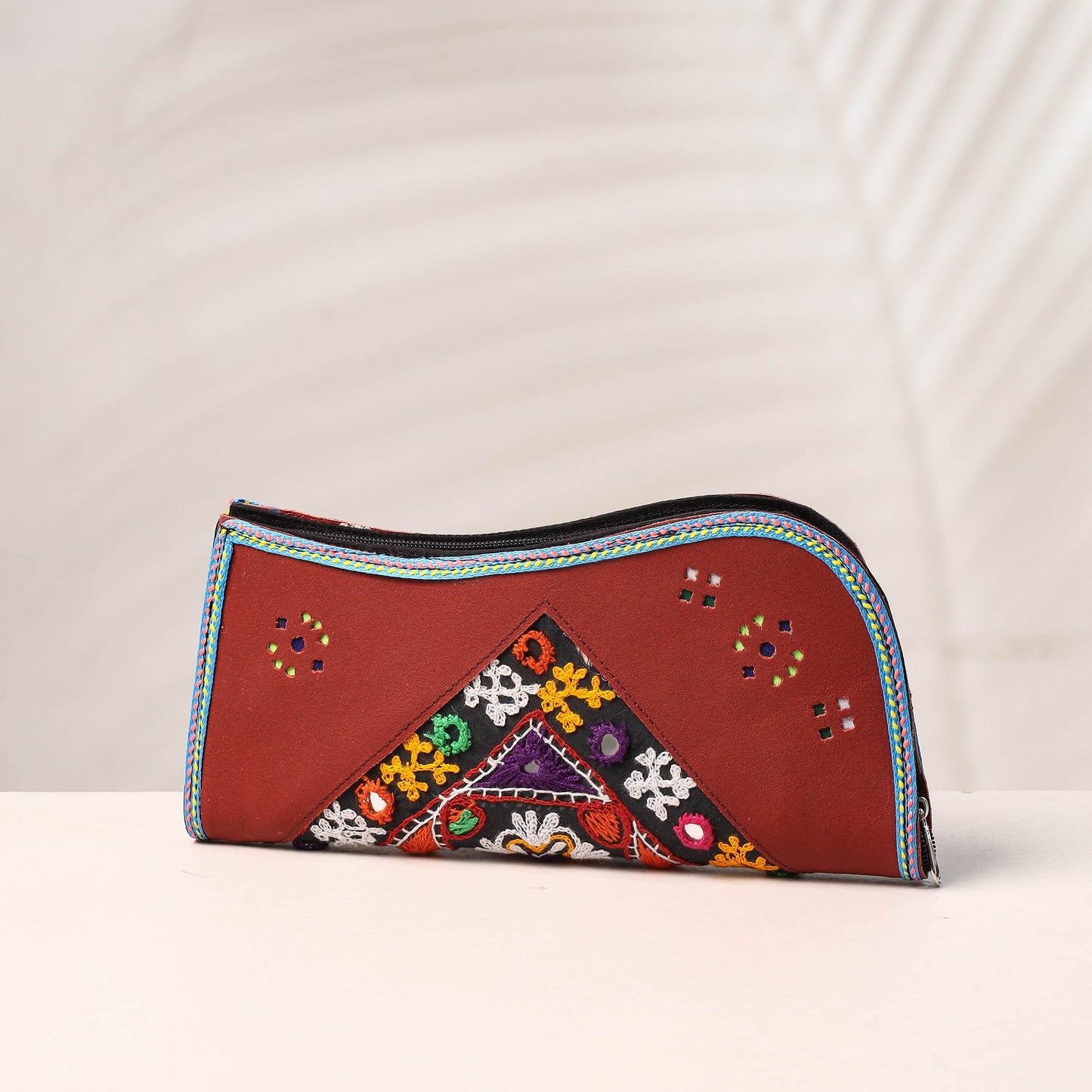 Brown Handcrafted Kutch Embroidery Leather Clutch / Wallet