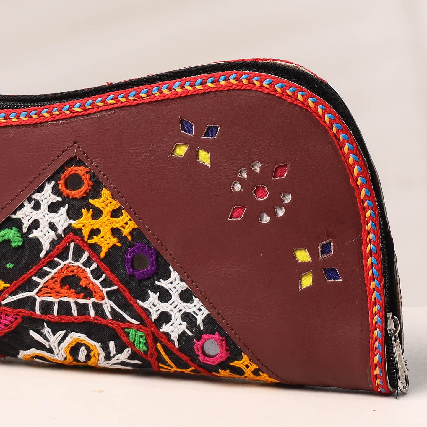 Brown Handcrafted Kutch Embroidery Leather Clutch / Wallet