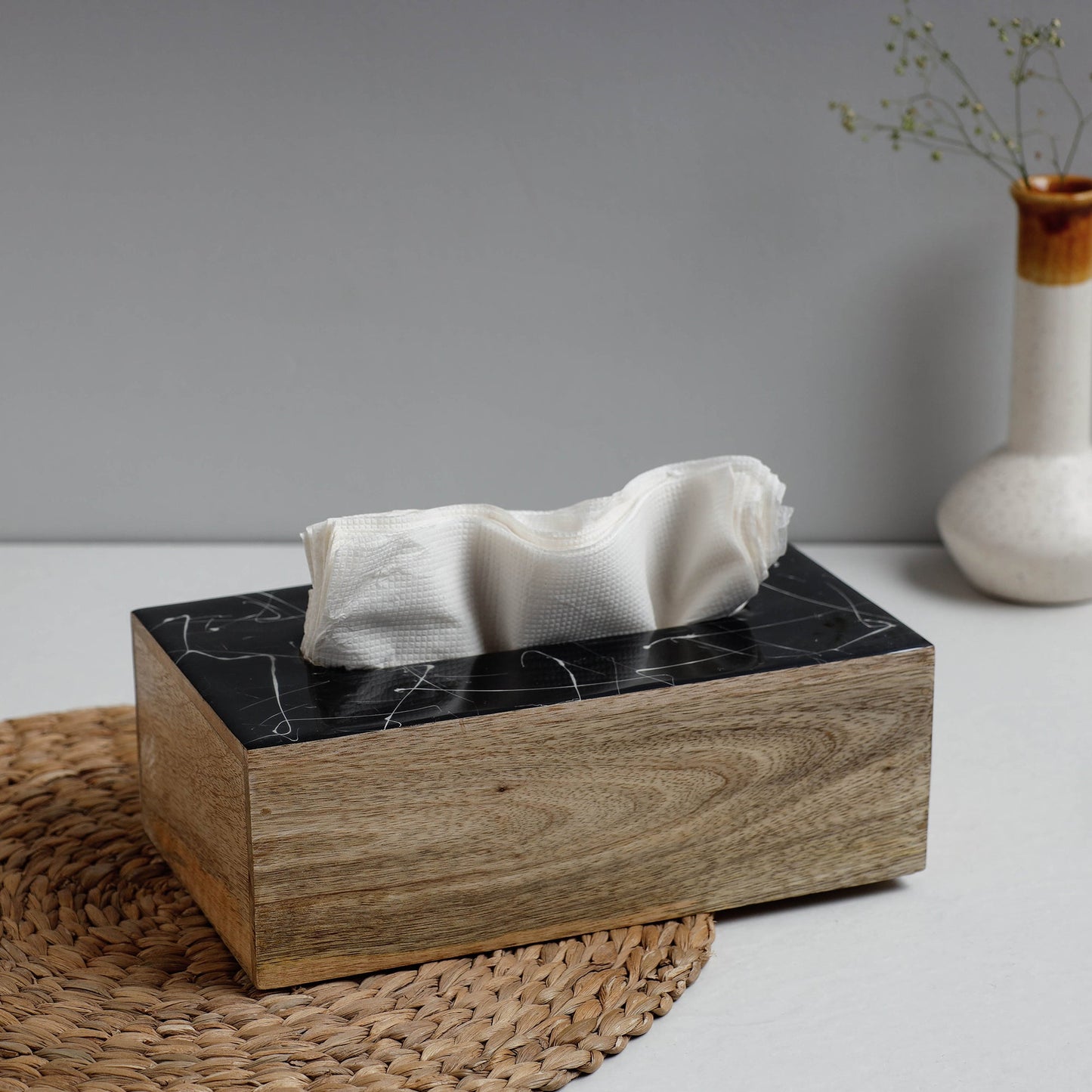 Brown Handcrafted Mango Wooden Epoxy Resin Tissue Box