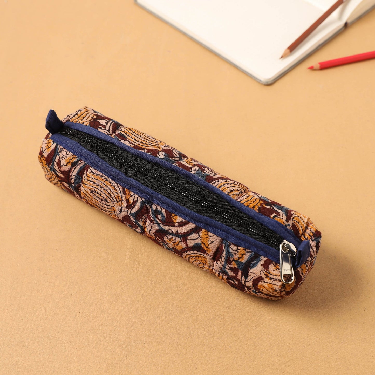 Brown Handcrafted Quilted Cotton Pencil Pouch
