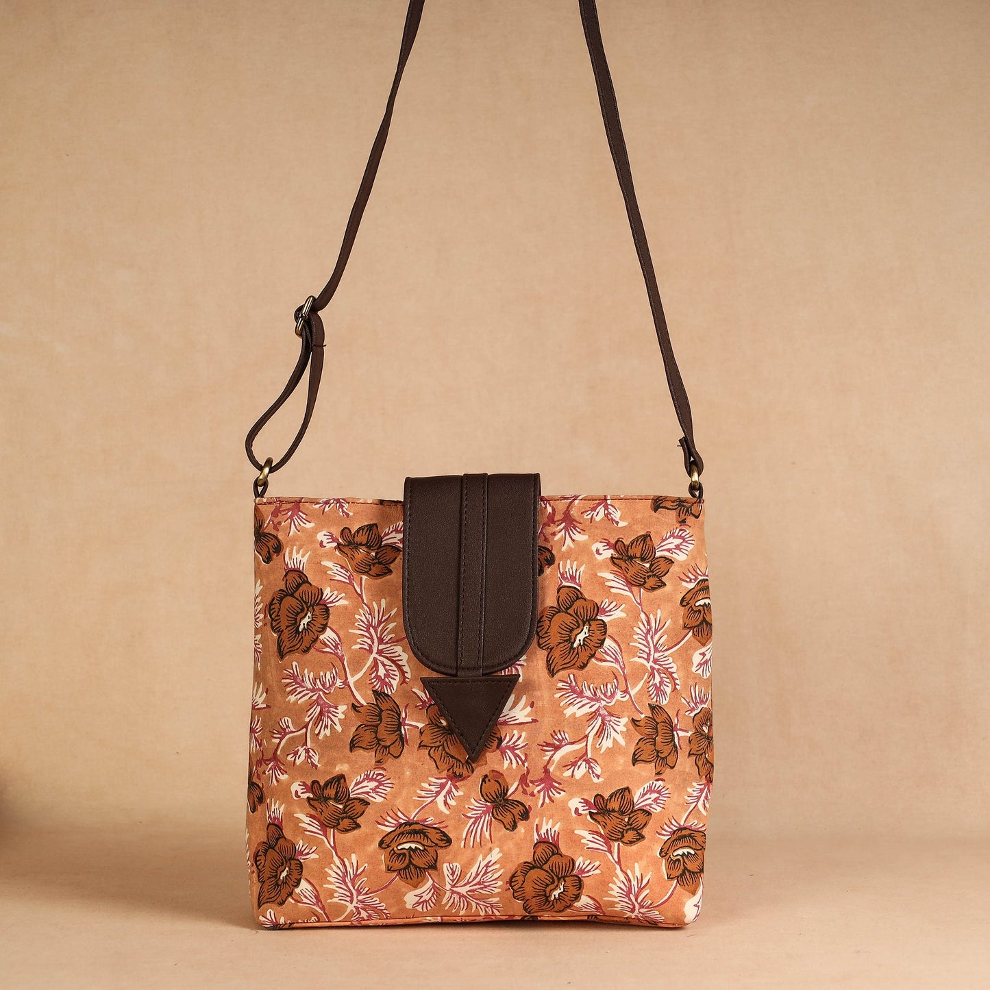 Brown Handcrafted Sanganeri Printed Leather Sling Bag