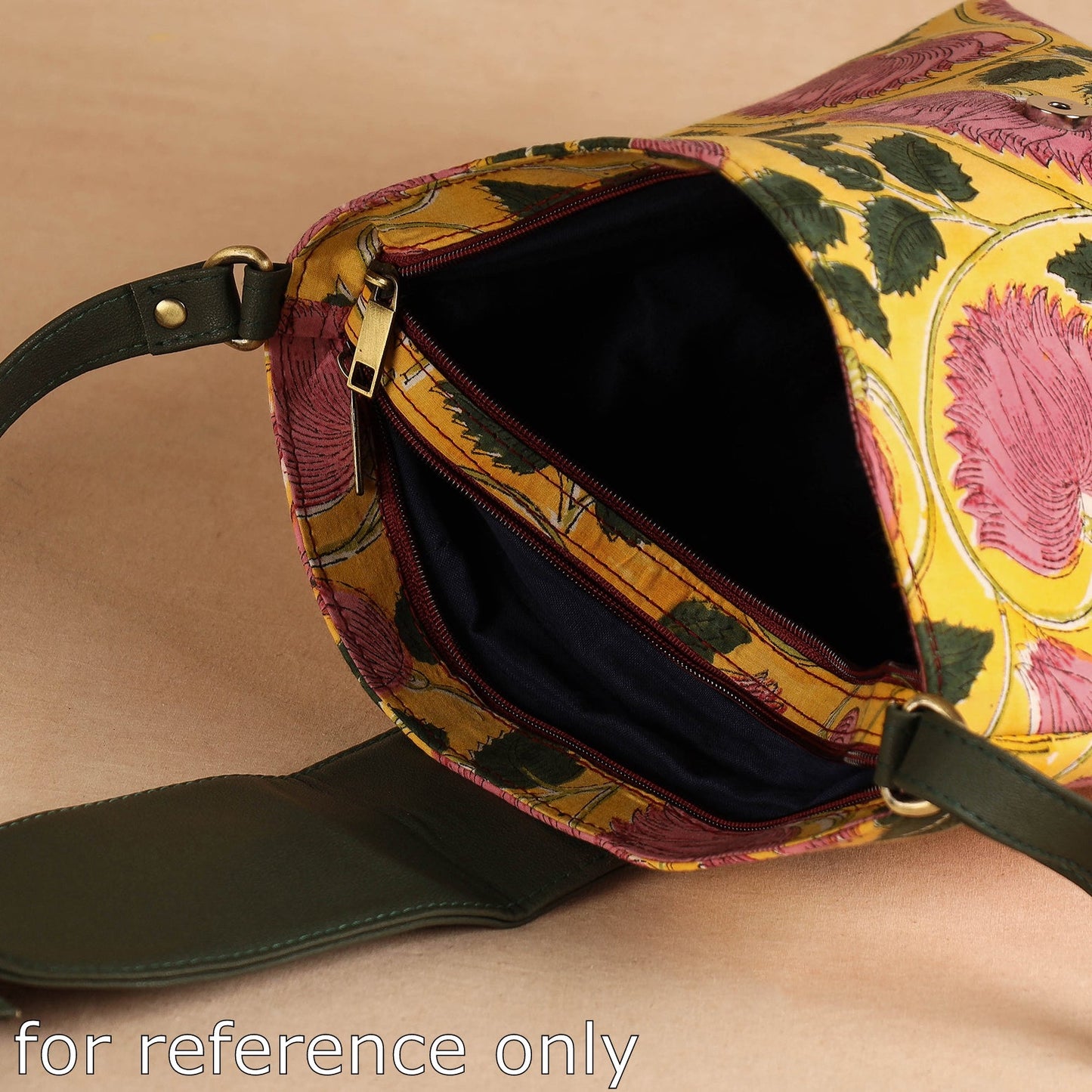 Brown Handcrafted Sanganeri Printed Leather Sling Bag