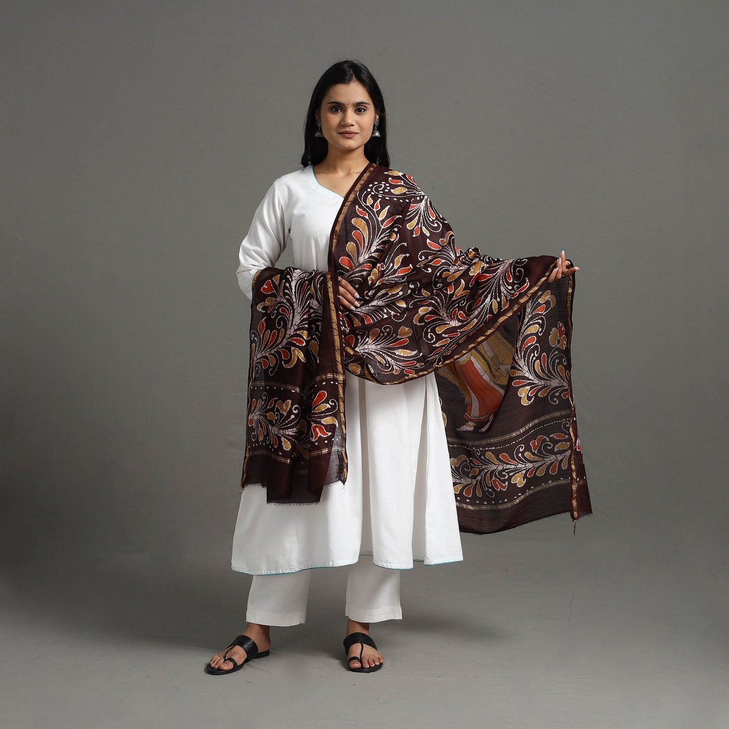Brown - Handloom Chanderi Silk Hand Batik Printed Dupatta 05