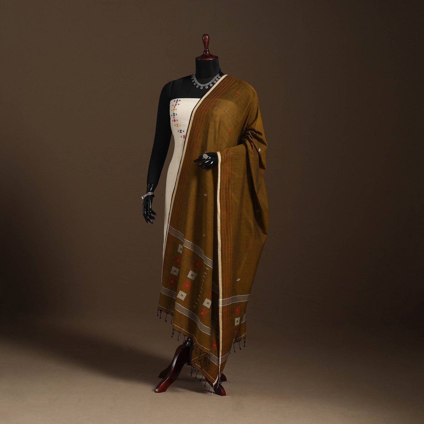 Brown Handloom Cotton Burdwan Jamdani Dupatta