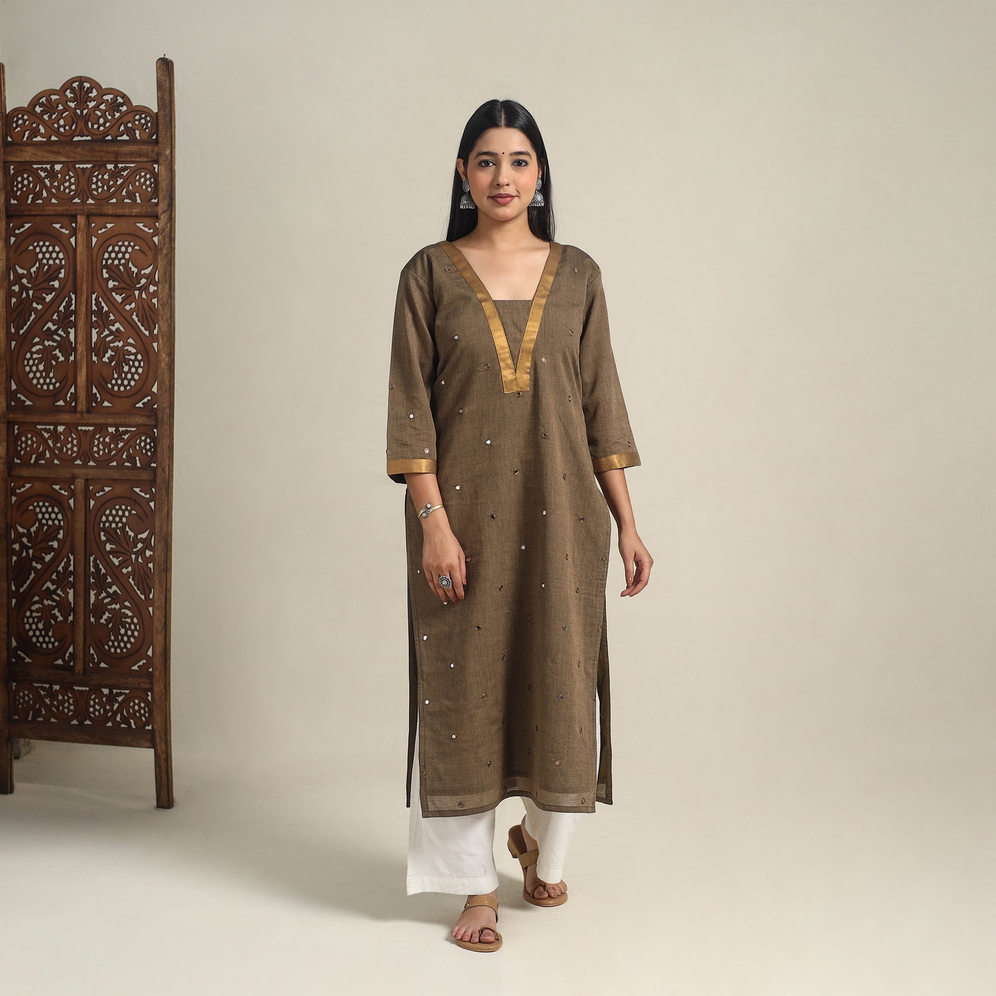 Grey - Mangalagiri Pure Handloom Cotton Mirror Work Long Kurta main image 1