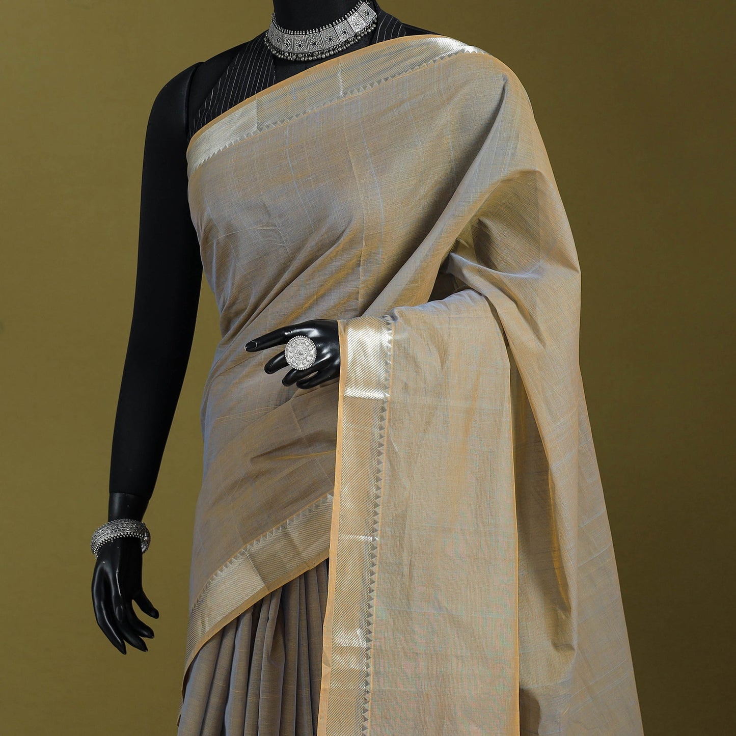 Brown - handloom cotton zari border mangalagiri saree 16
