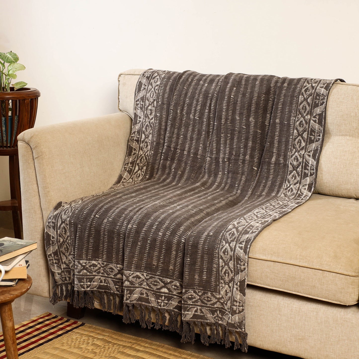 Brown - handloom jaipur cotton sofa throw 01 - handcrafted