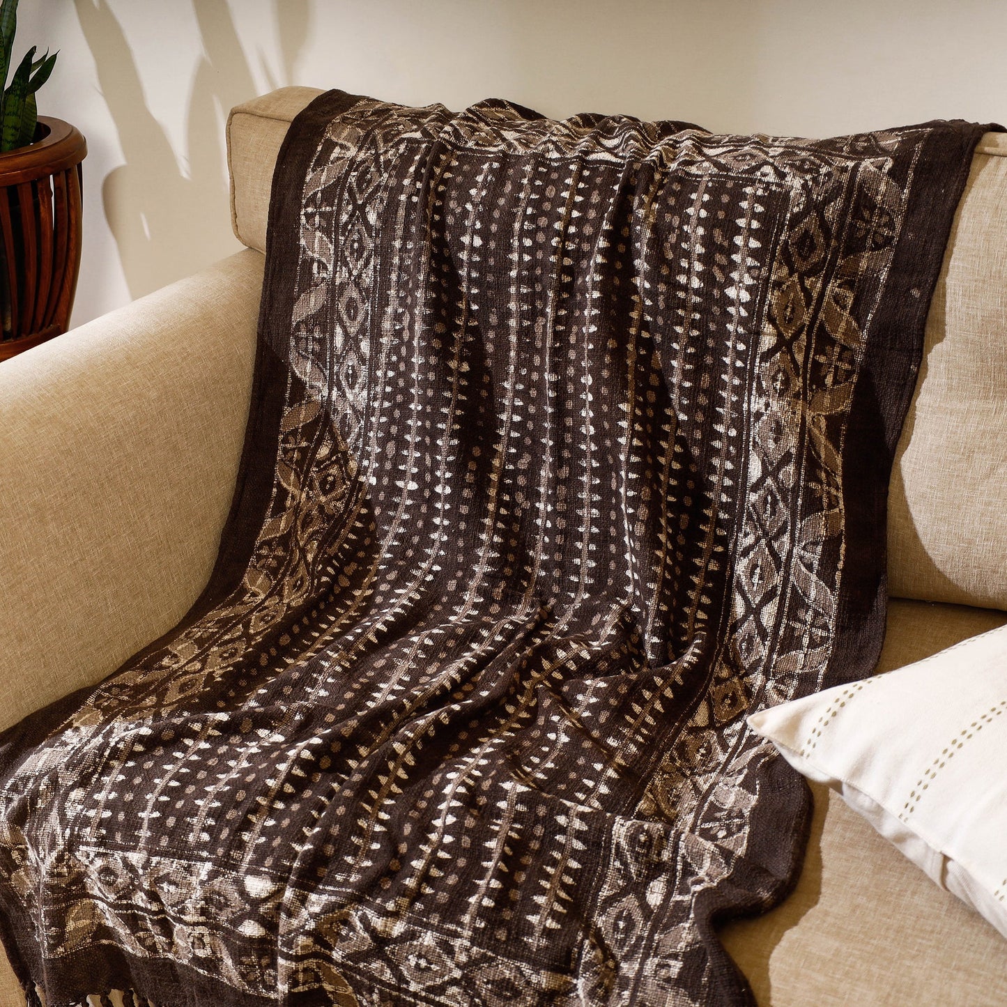 Brown Handloom Jaipur Block Printed Cotton Sofa Throw