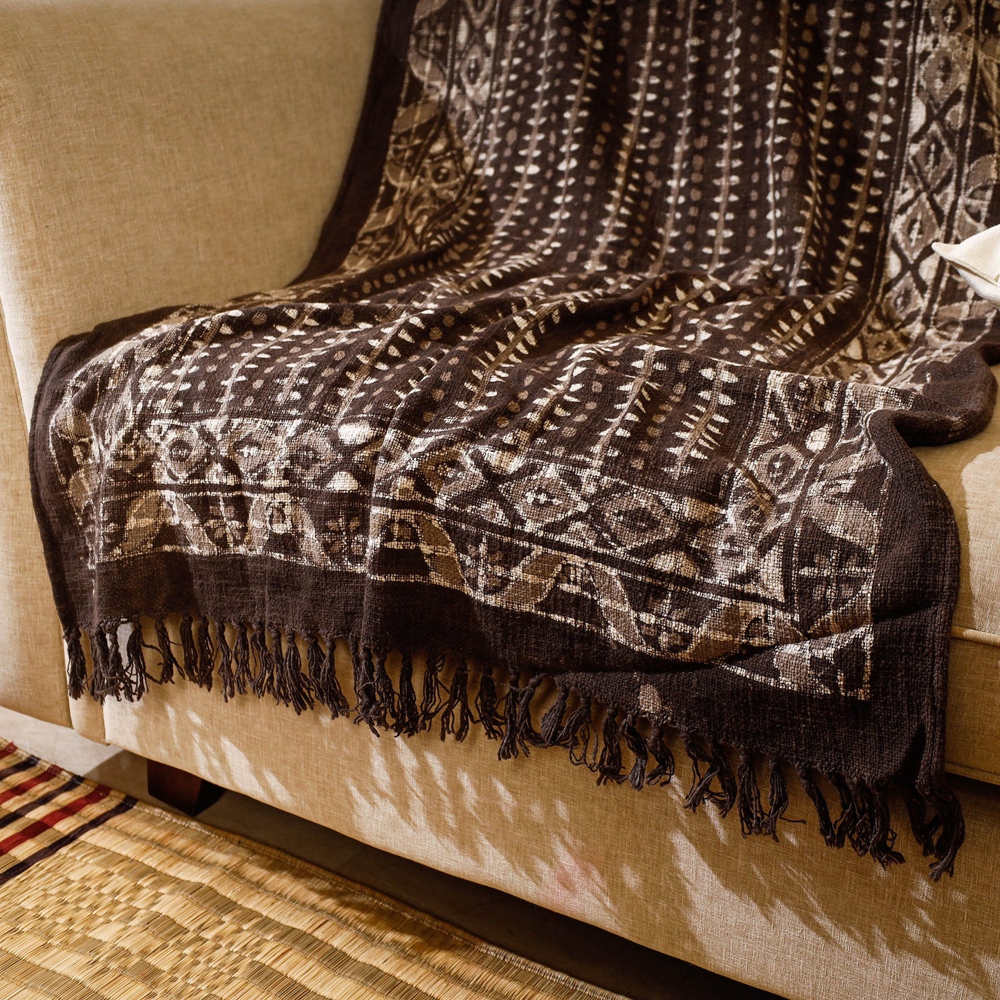 Brown Handloom Jaipur Block Printed Cotton Sofa Throw