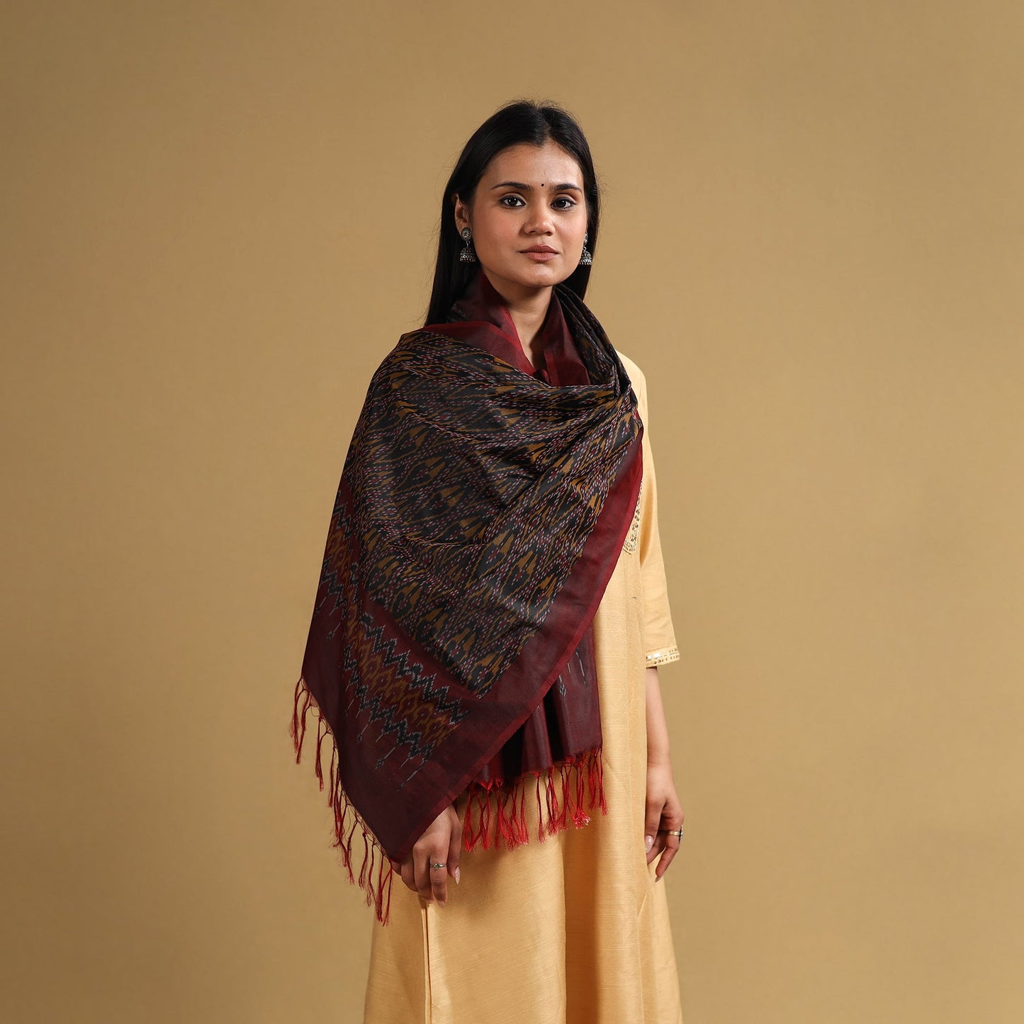 Buy Brown Handloom Mulberry Silk Pochampally Ikat Stole