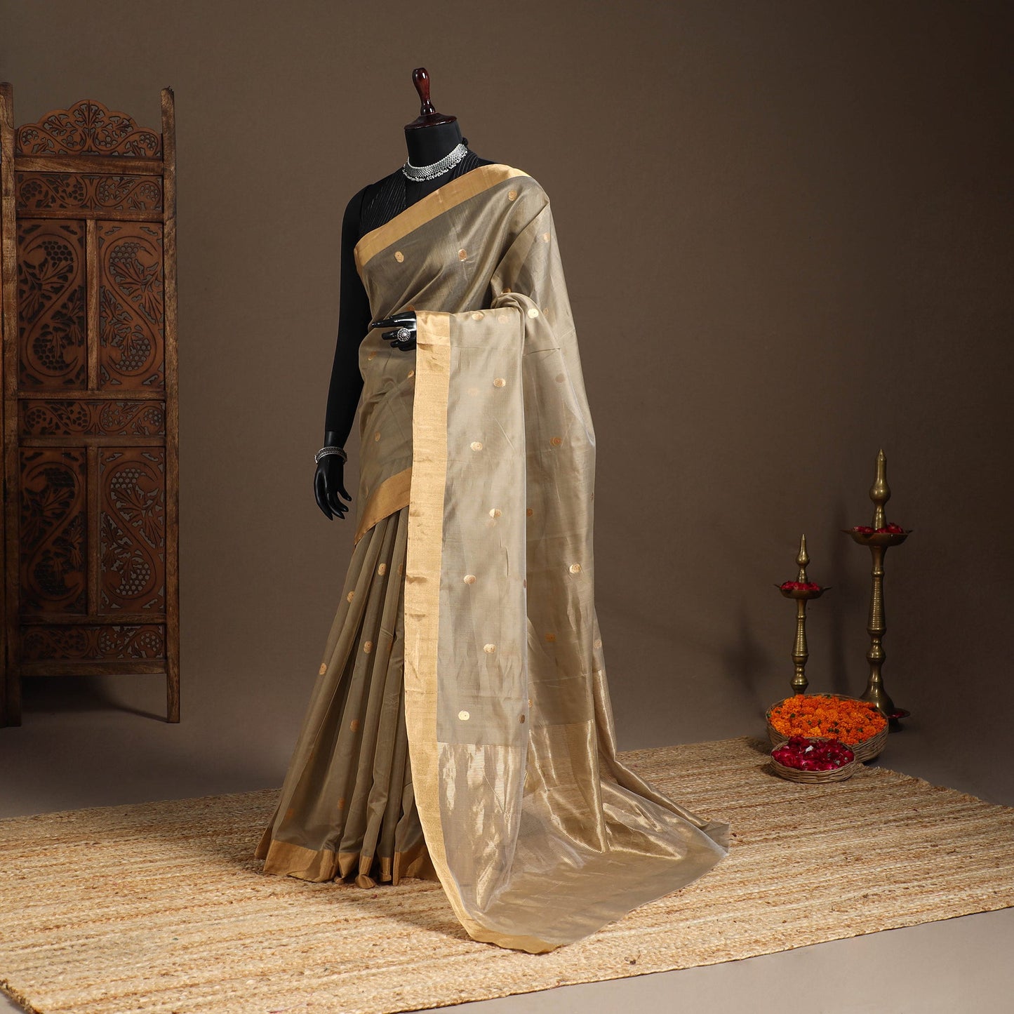Brown - handloom zari work chanderi silk saree 22