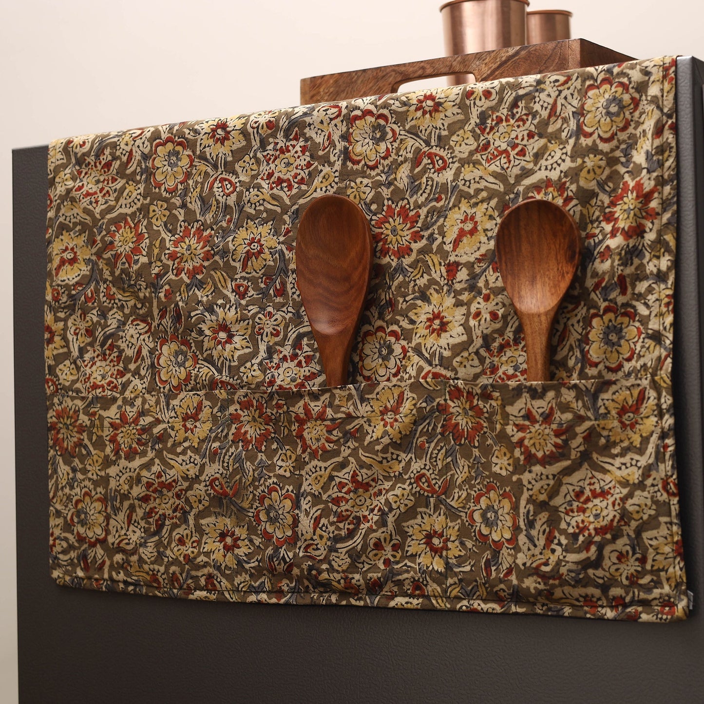 Brown Handmade Cotton Fridge Top Cover with Multiple Pockets