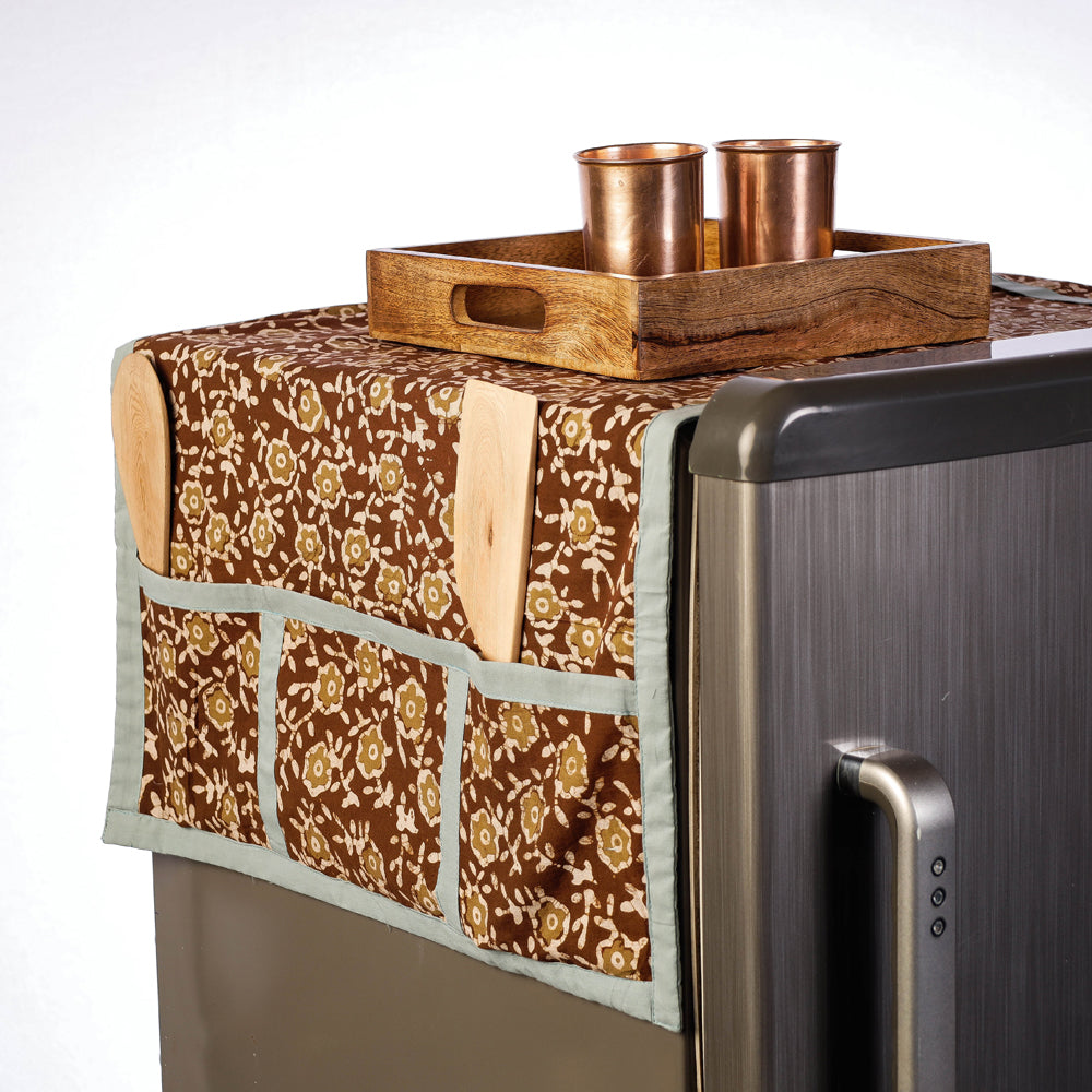 Brown Handmade Cotton Fridge Top Cover with Multiple Pockets