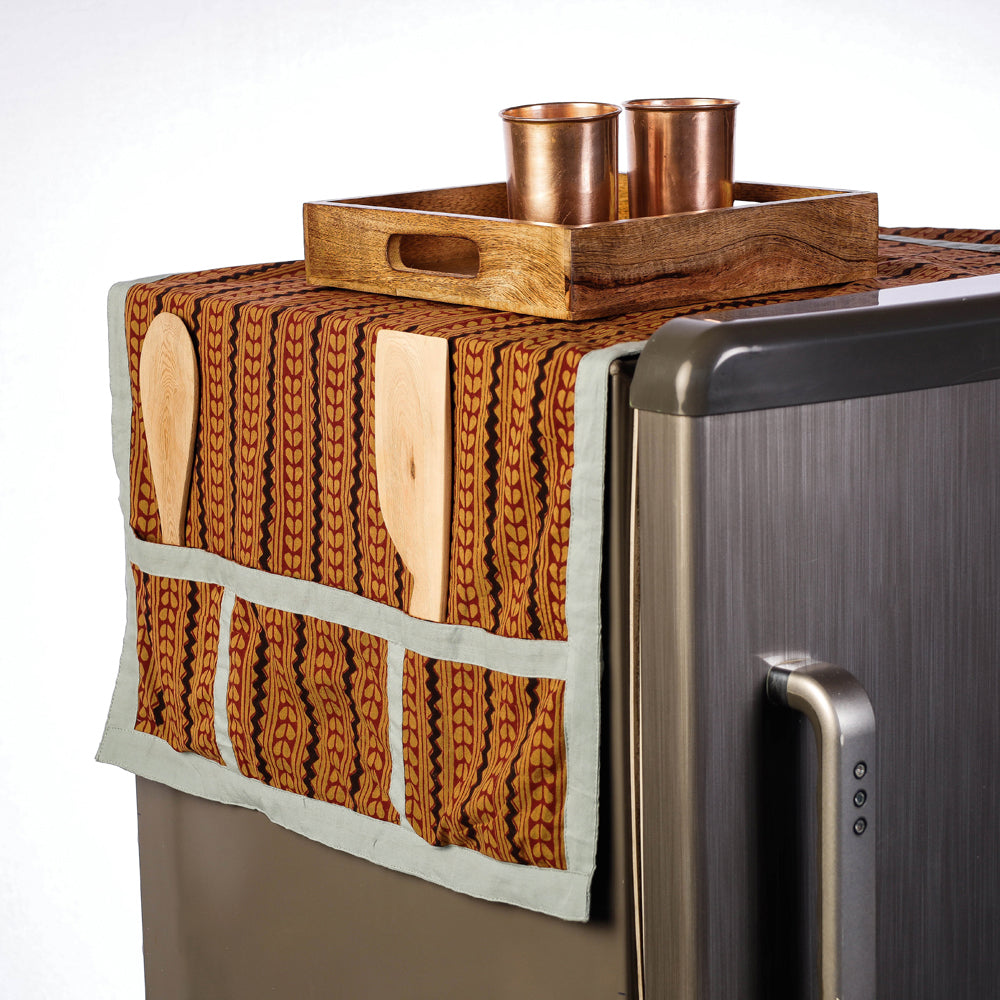 Brown Handmade Cotton Fridge Top Cover with Multiple Pockets