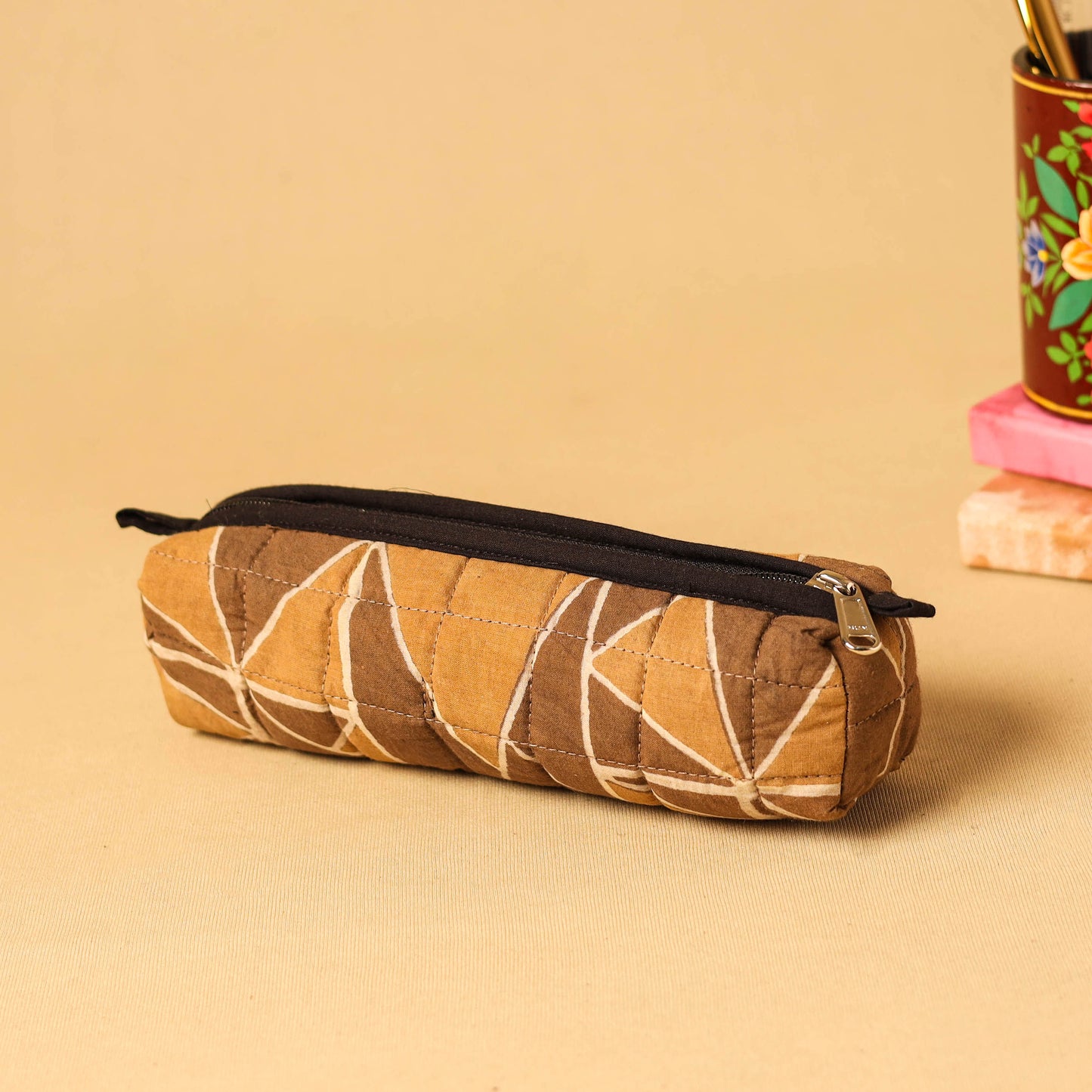Brown - handmade cotton quilted pencil pouch 04