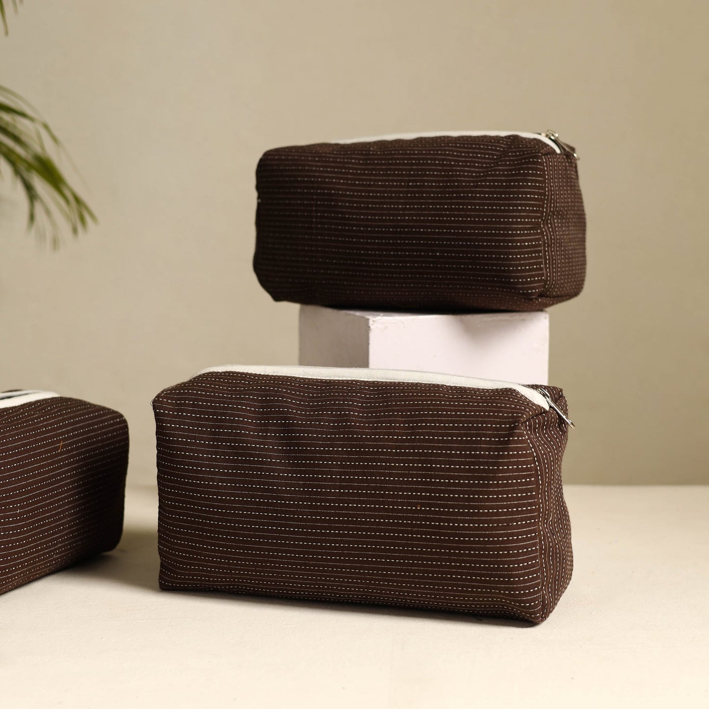 Brown Handmade Cotton Toiletry Bags (Set of 3)