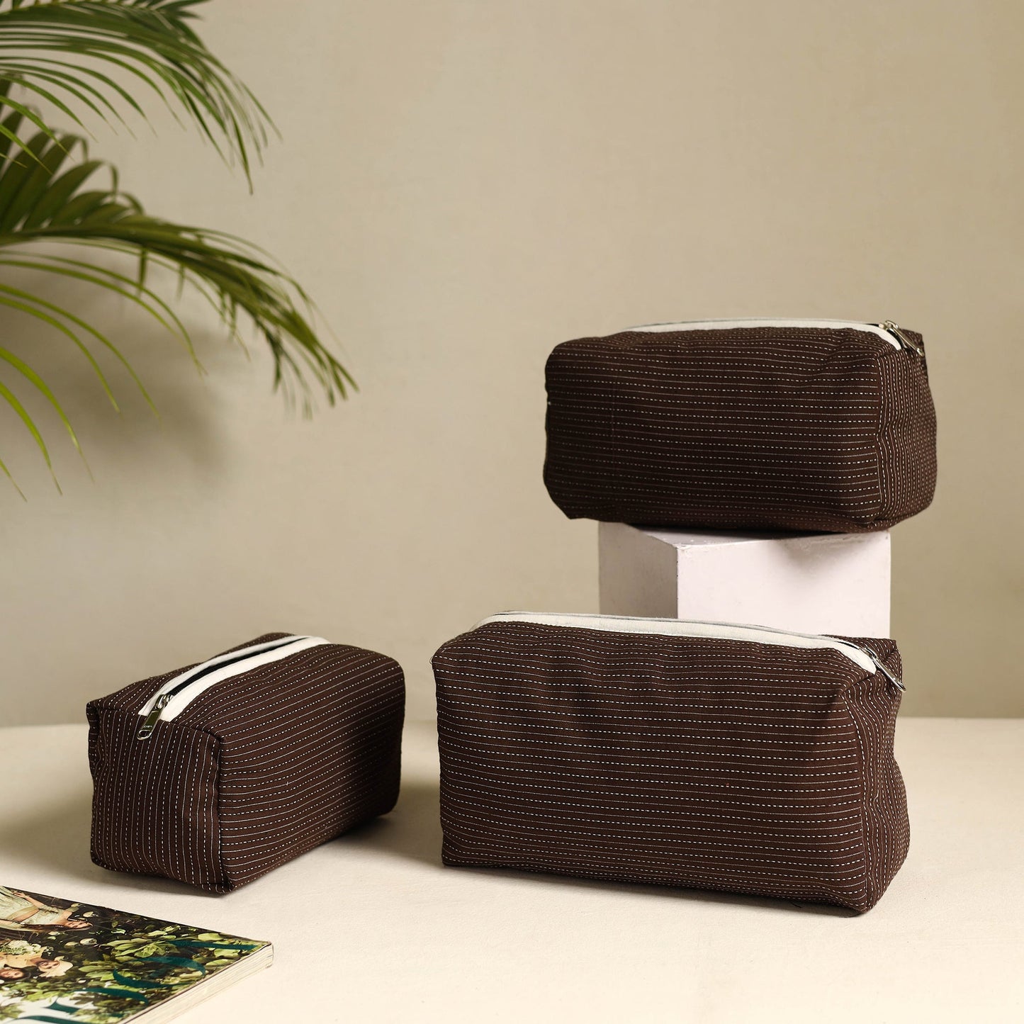Brown Handmade Cotton Toiletry Bags (Set of 3)