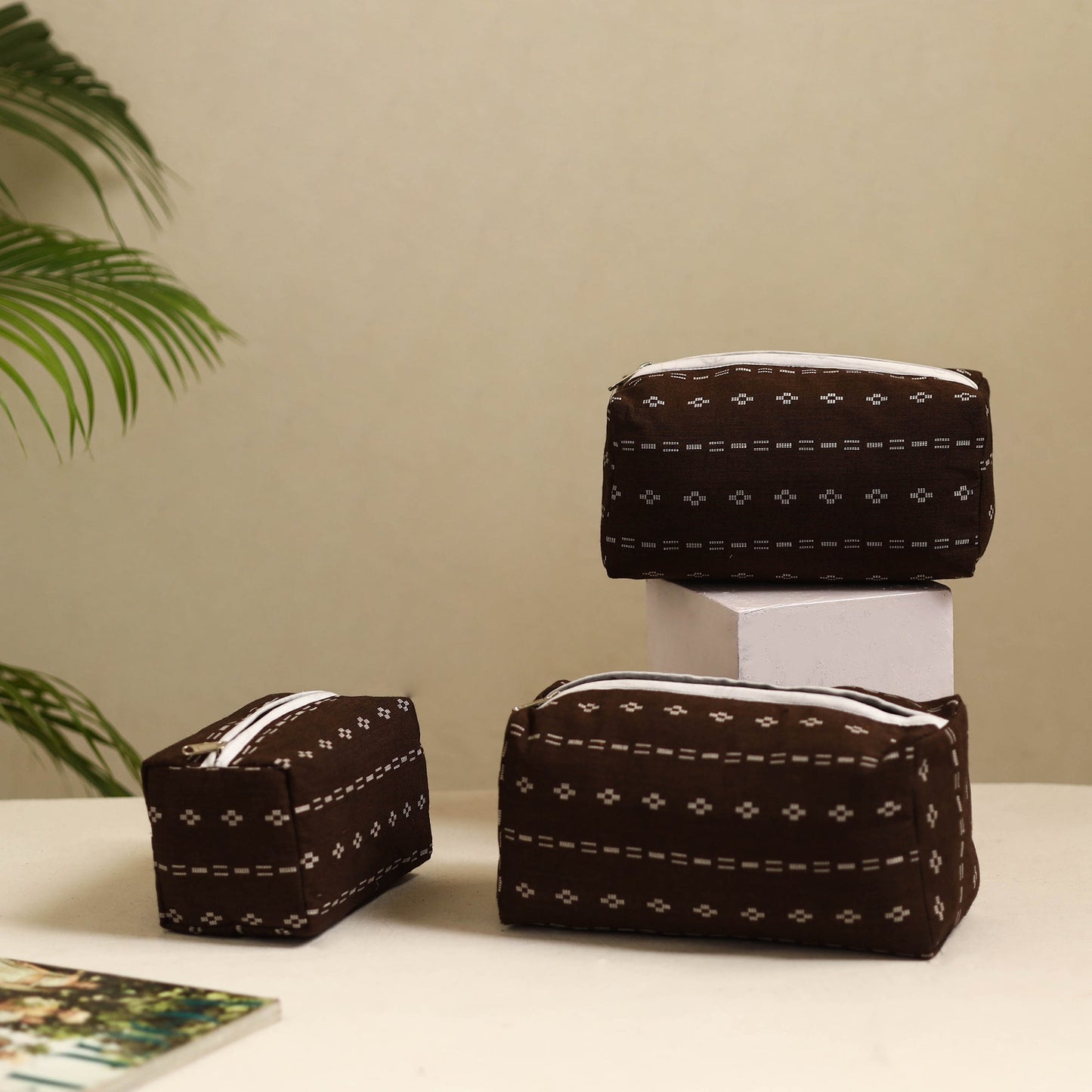 Brown Handmade Cotton Toiletry Bags (Set of 3)