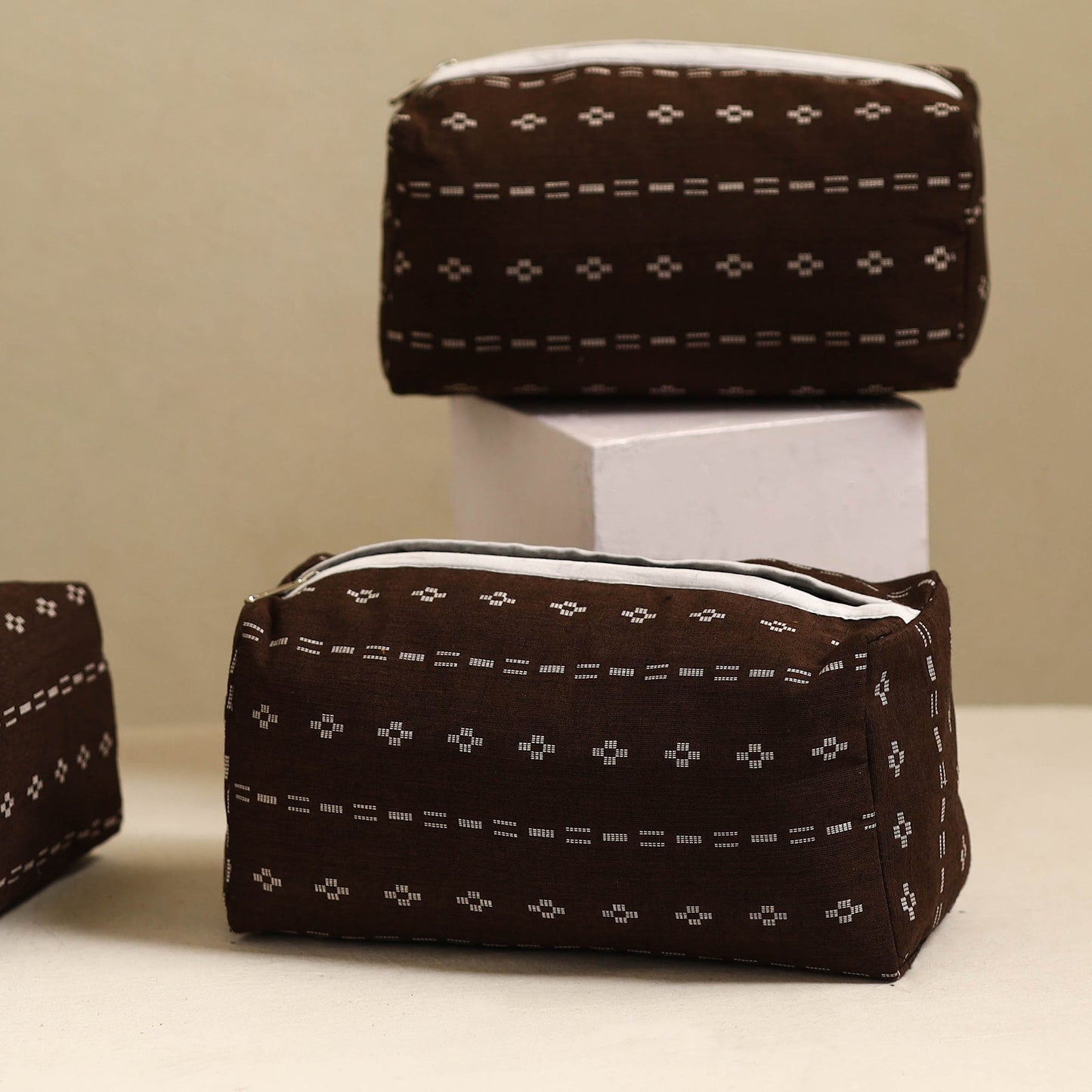 Brown Handmade Cotton Toiletry Bags (Set of 3)