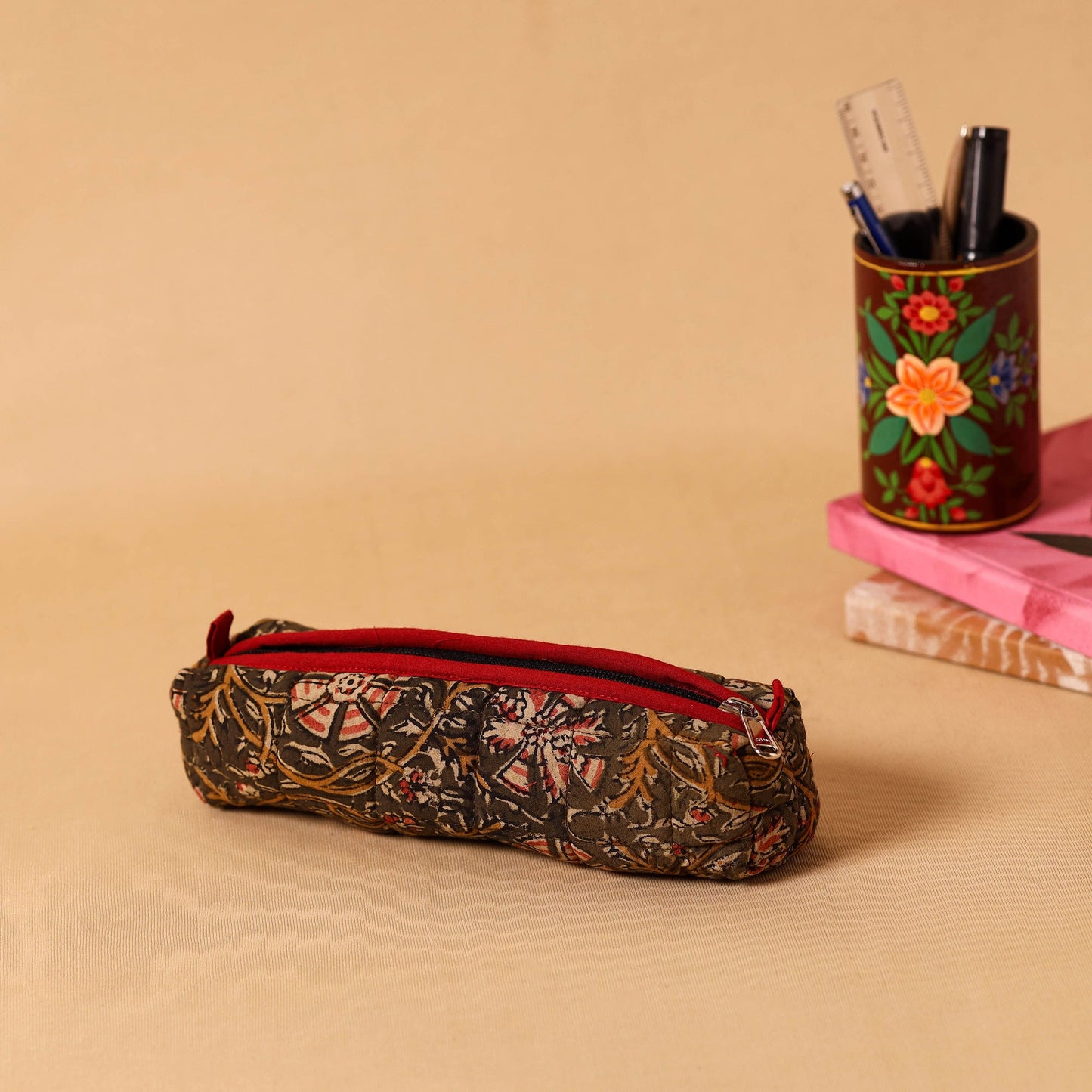 Brown Handmade Quilted Cotton Pencil Pouch