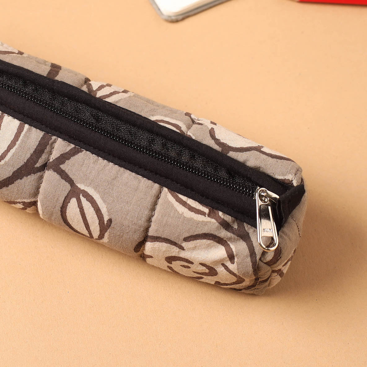 Brown Handmade Quilted Cotton Pencil Pouch