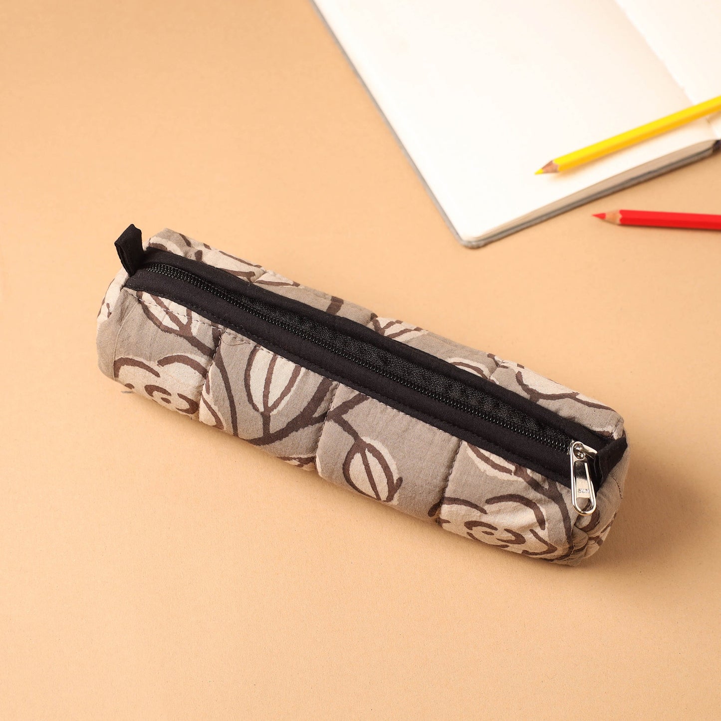 Brown Handmade Quilted Cotton Pencil Pouch